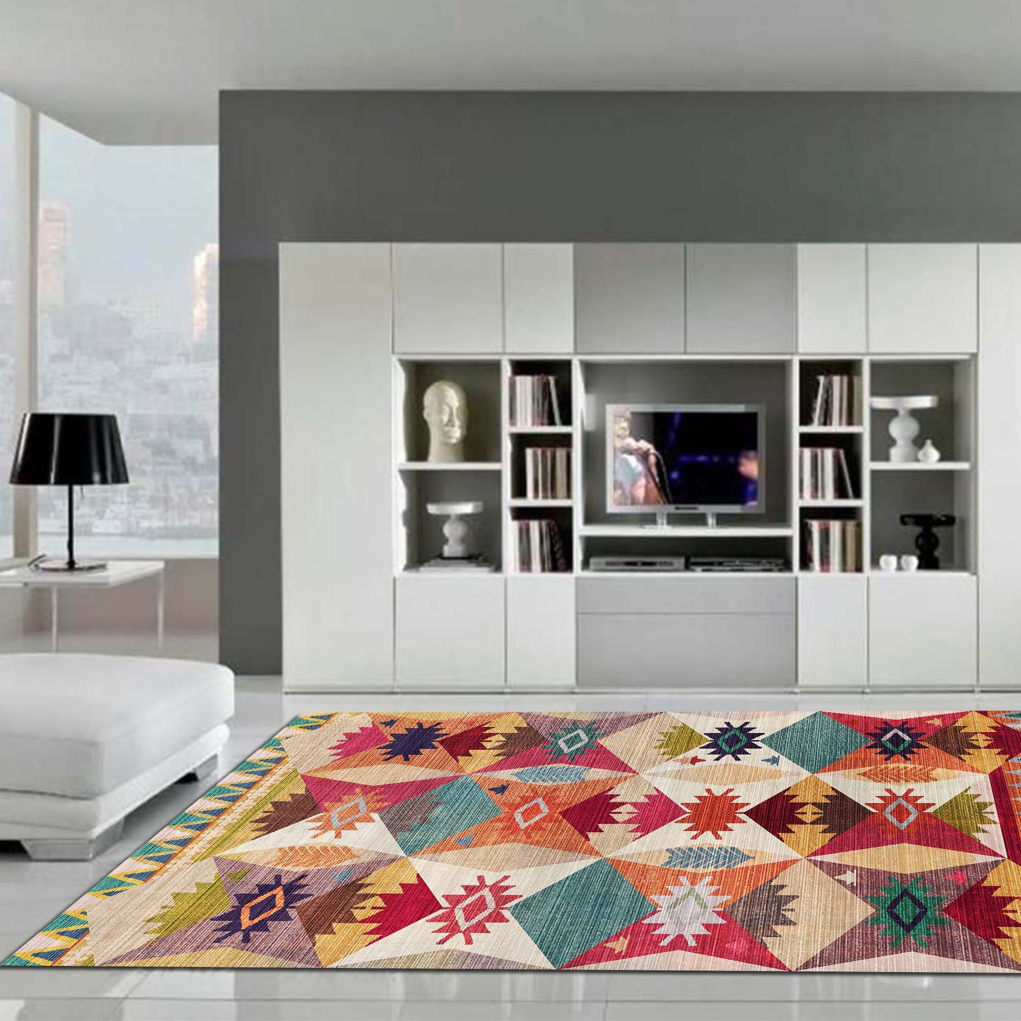 Latte Dizayn Rhodo Desenli Kadife Pamuk Tabanlı Yıkanabilen Kaydırmaz Antibakteriyel Salon Halısı 140x200