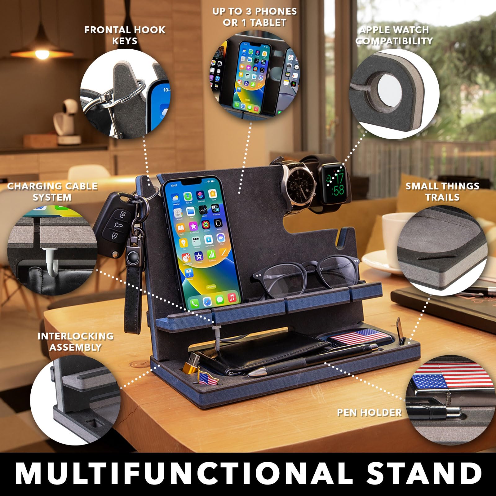 GRETAOTO Estación de Carga de Madera Personalizado para Movil, Tableta, Cartera, Gadgets, Reloj, Llaves, Organizador Escritorio,Soporte Escritorio de Trabajo, Mesita de Noche, Regalos para Hombre
