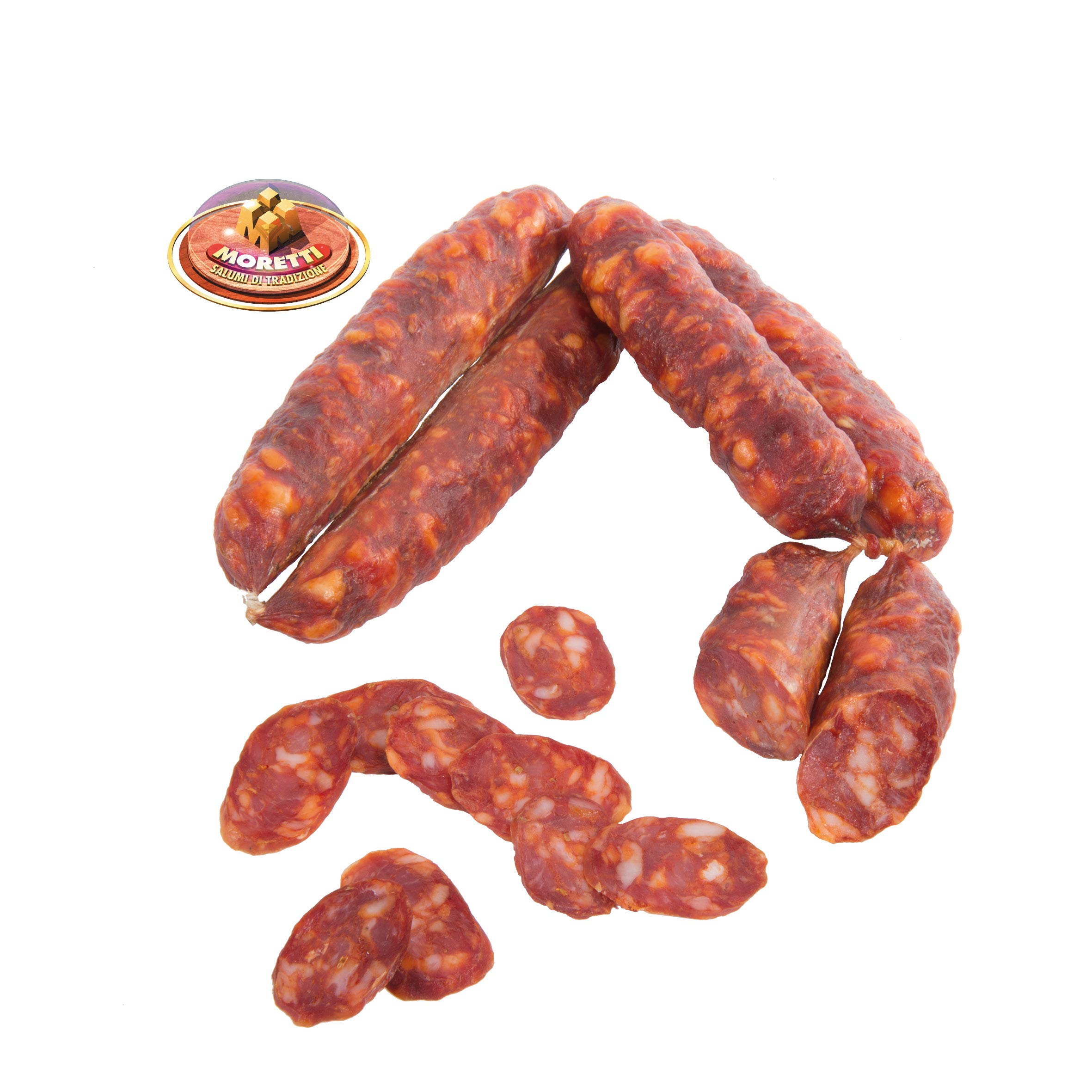 Moretti® Saucisse assaisonnée traditionnelle | 600g / 700g Sous Vide 2 Packs | Dessert au piment de Calabre | Séchage artisanal | Planche à découper en bois en cadeau (Sucré)