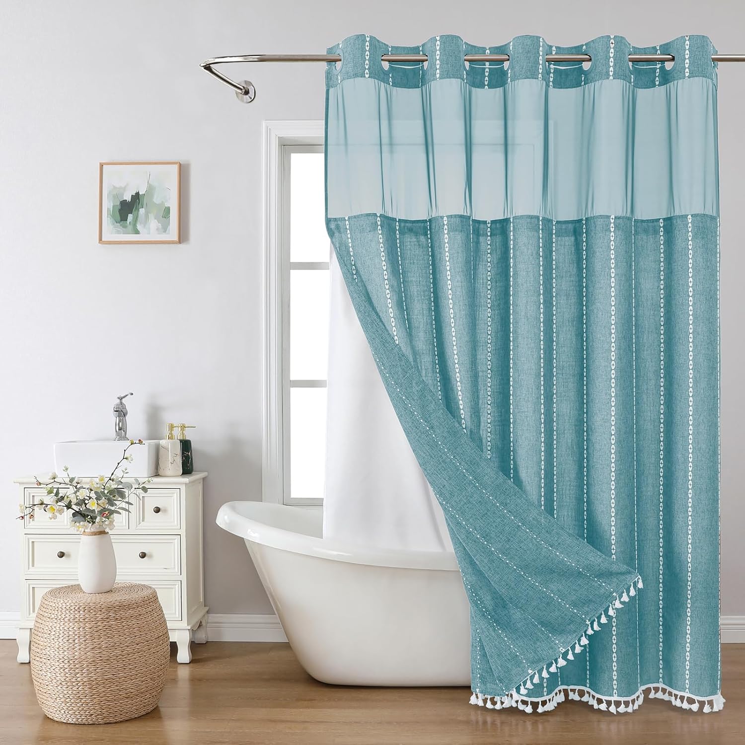 Boho Farmhouse No Hook Shower Curtain Set with Snap-in Fabric Liner,Heavy-Duty Linen Textured Rustic Striped Design,Water-Repellent with Tassels and Sheer Window,Teal,71x74 71"W x 74"L (Pack of 1) Teal