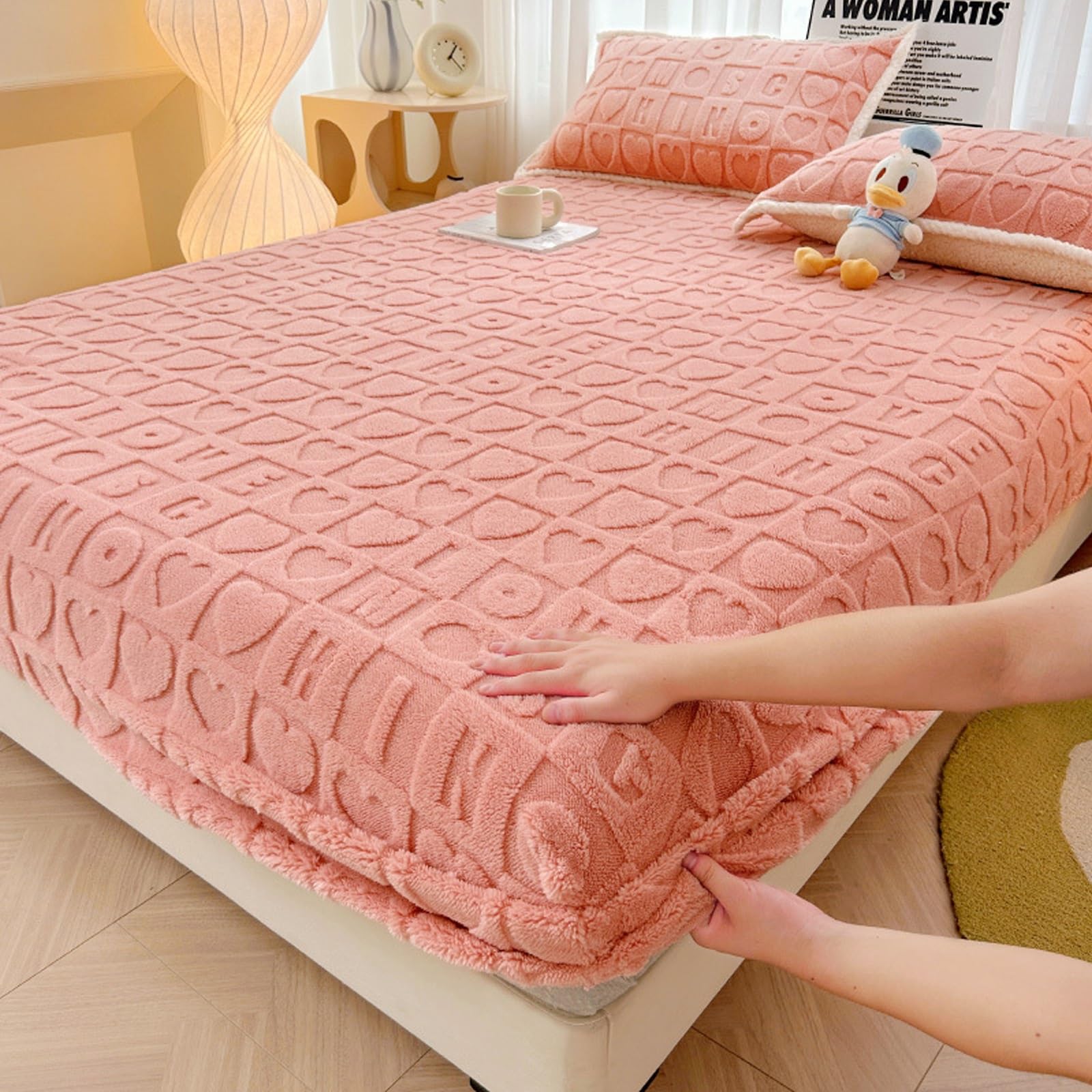Luxury Mattress Covers Plush Bed Sheet Mattress Protector Fitted Sheet，lannel Ultra Soft Solid Color Fitted Bed Sheets Breathable Sheets, Pillowcases Elastic Fitted Mattress Topper(Pink,Two pillowcase