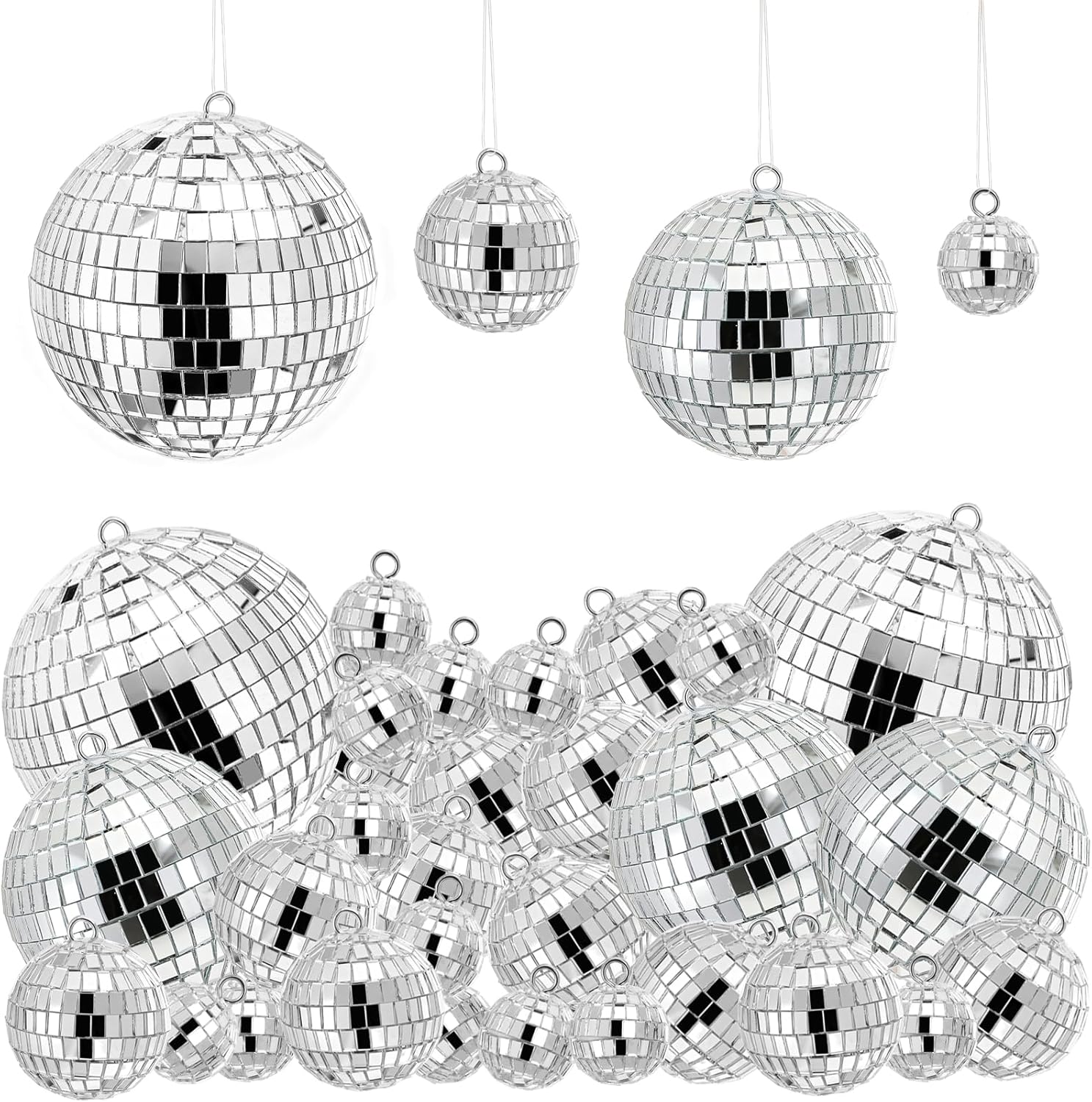 Suwimut 54 Pieces Mini Disco Ball Decor Ornaments, 4 Sizes Glitter Silver Small Hanging Mirror Disco Ball Decoration with Rope for Christmas Tree, Cake Topper, Music Prom, Party, Wedding