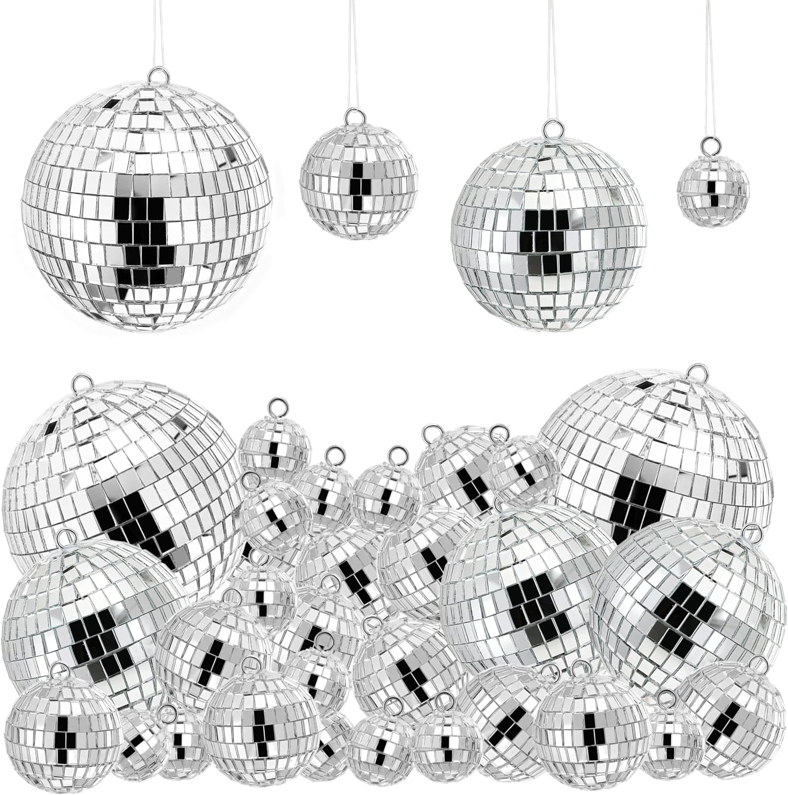 Suwimut 54 Pieces Mini Disco Ball Decor Ornaments, 4 Sizes Glitter Silver Small Hanging Mirror Disco Ball Decoration with Rope for Christmas Tree, Cake Topper, Music Prom, Party, Wedding
