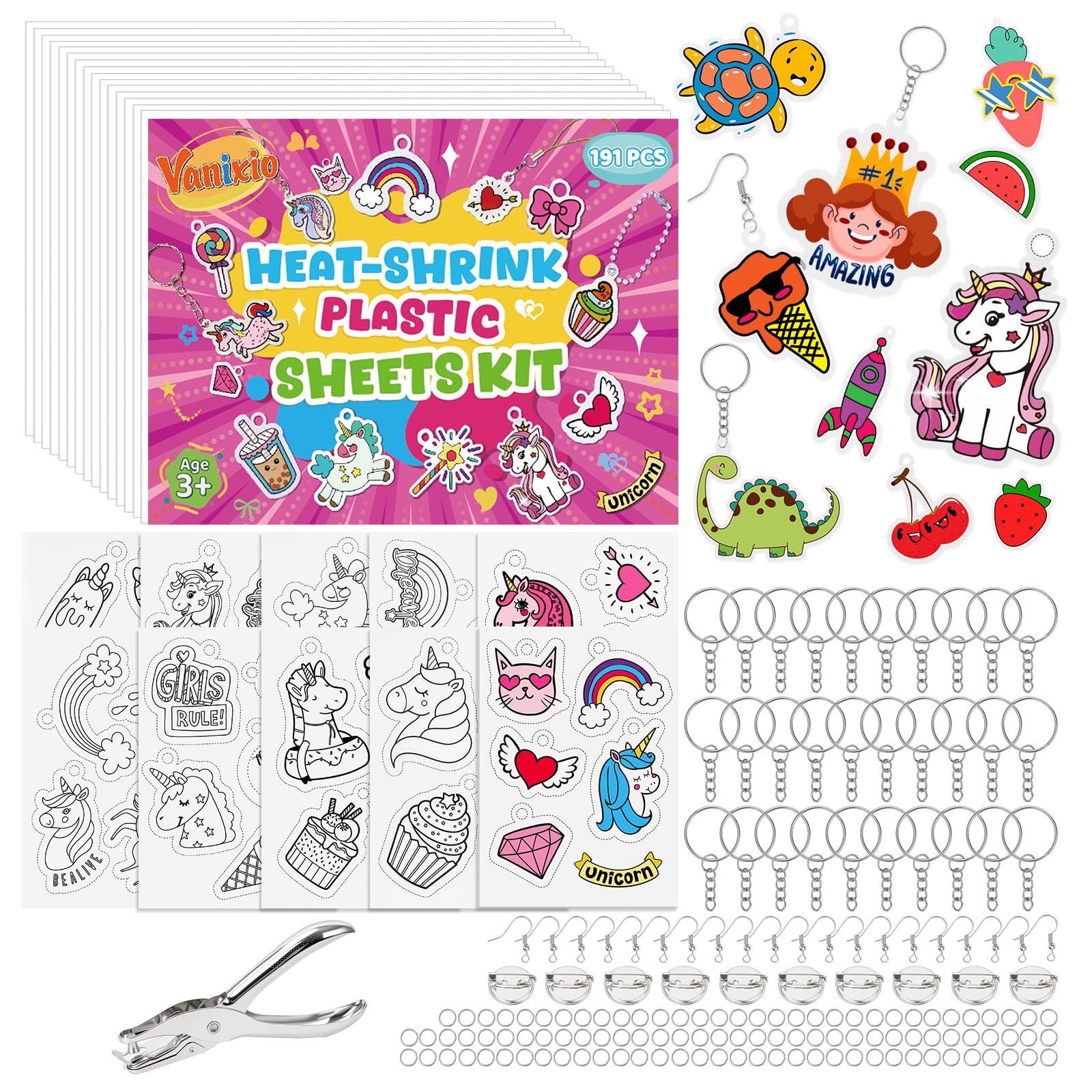 Vanixio 191Pcs Shrink Plastic Sheets Kit, 52 Pre-Cut Shrink Paper Craft