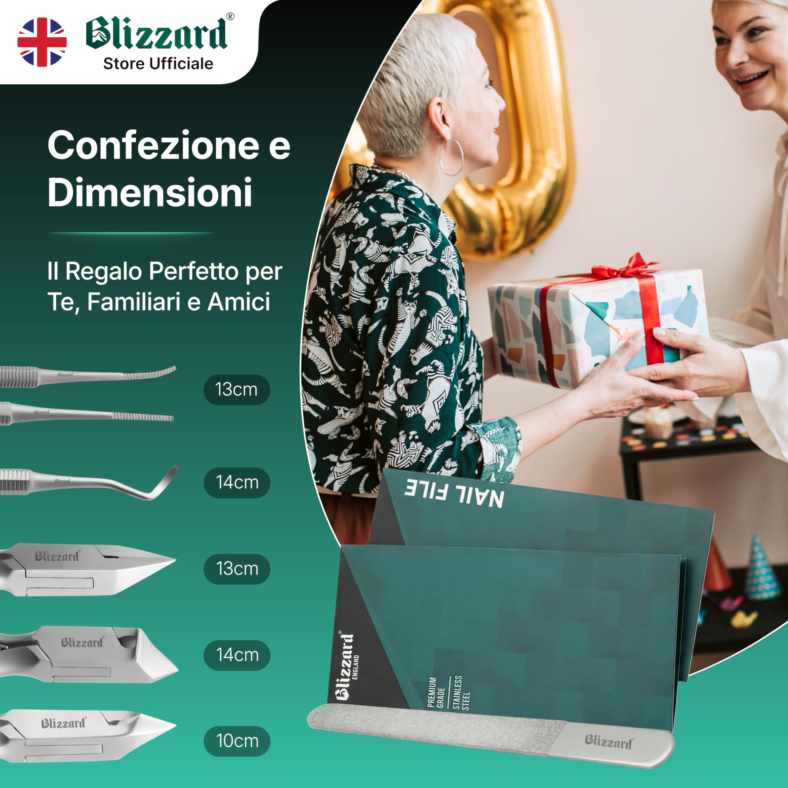 Blizzard Set Podologia Professionale 5 Pezzi - Kit Pedicure per Unghie Spesse e Incarnite - Tronchesino Unghie Piedi, Taglia Cuticole e Lima - Acciaio Inox - Per Anziani e Uomo