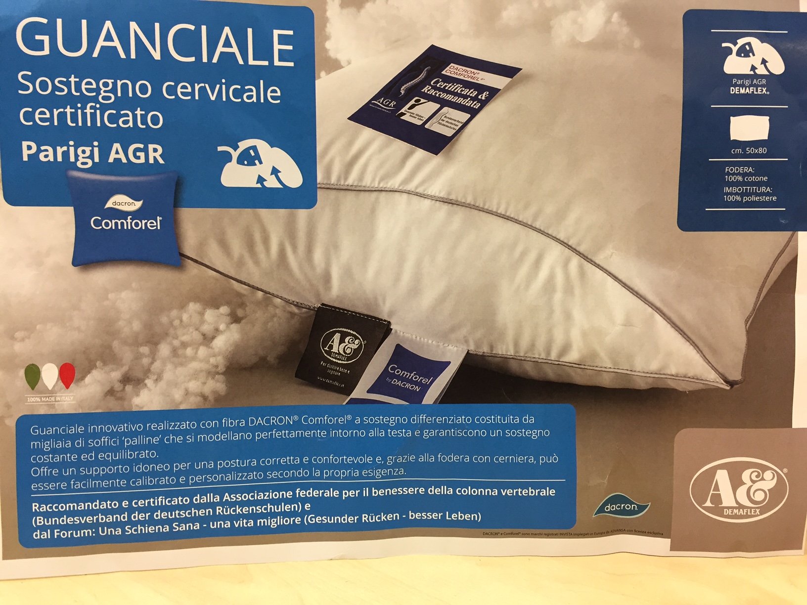 Guanciale Cuscino innovativo Demaflex art. Parigi agr con sostegno cervicale certificato misura cm. 50x80