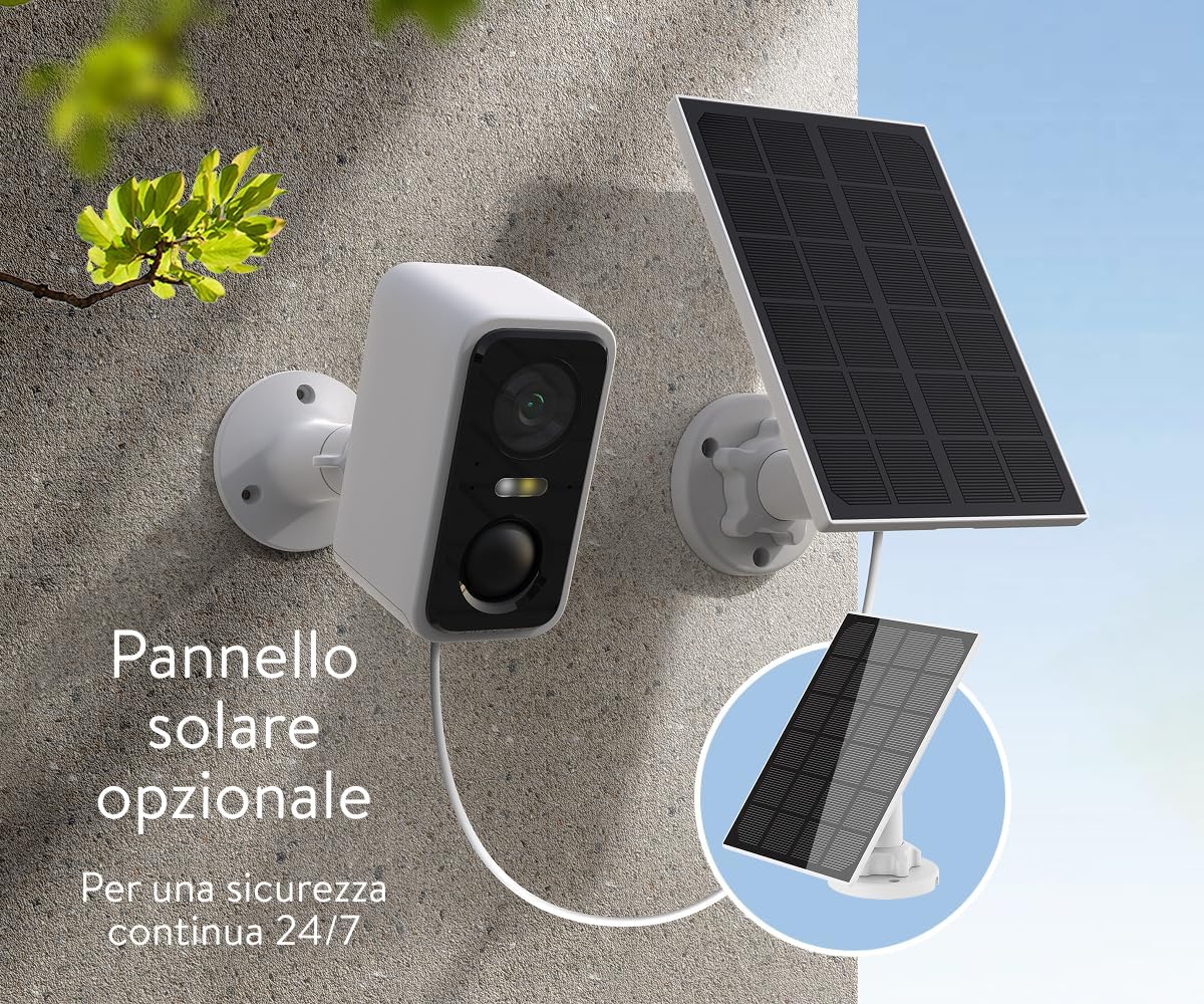 Telecamera Wi-Fi 2K + Pannello Solare · Kit Sicurezza Esterno Senza Fili, Batteria 5200mAh + Ricarica Continua 24/7, Visione Notturna Colori 30m, AI, App Italiana