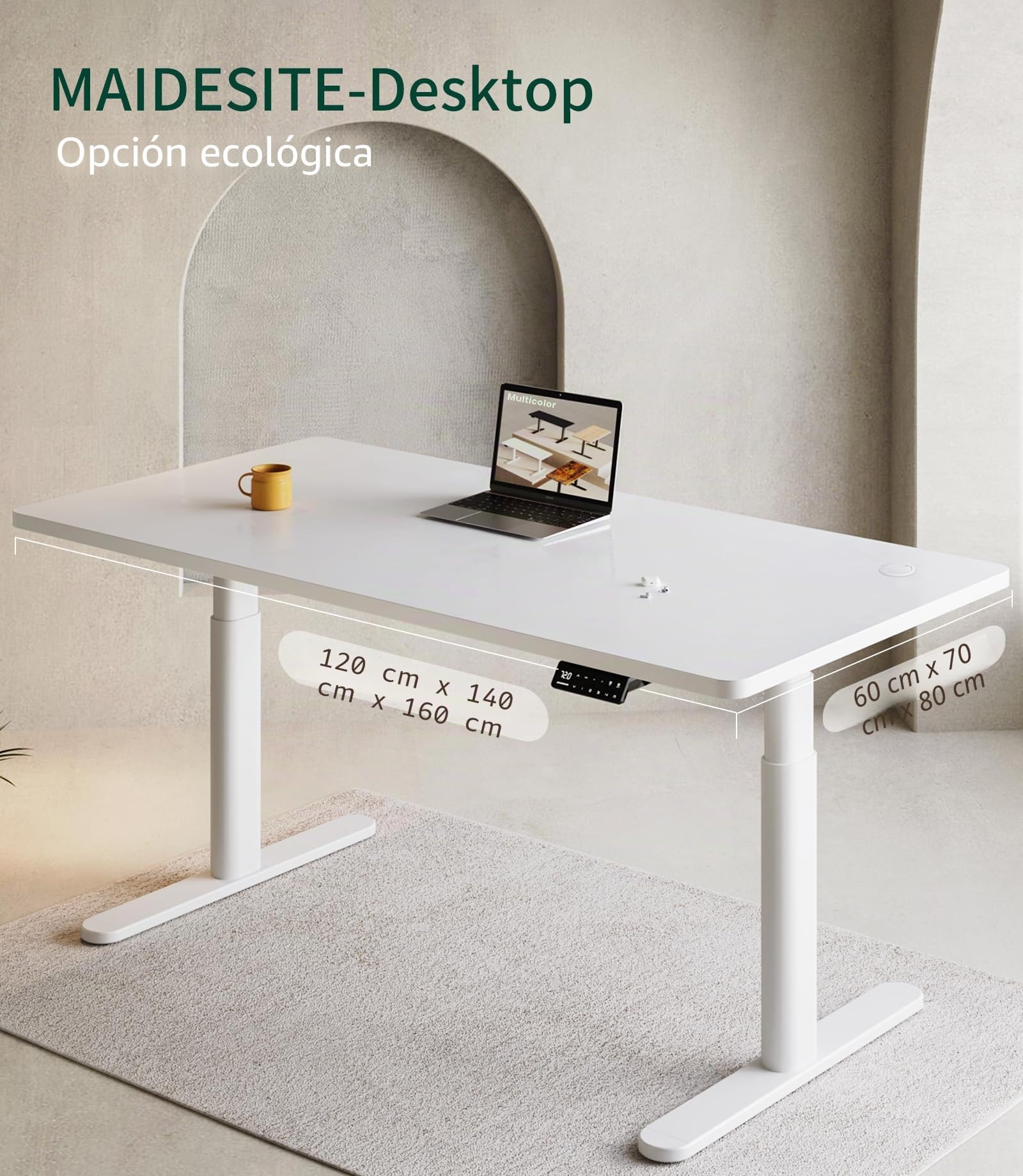 MAIDeSITe Escritorio rectangular de pie eléctrico ajustable en altura, 140 x 70 x 2,5 cm (blanco)