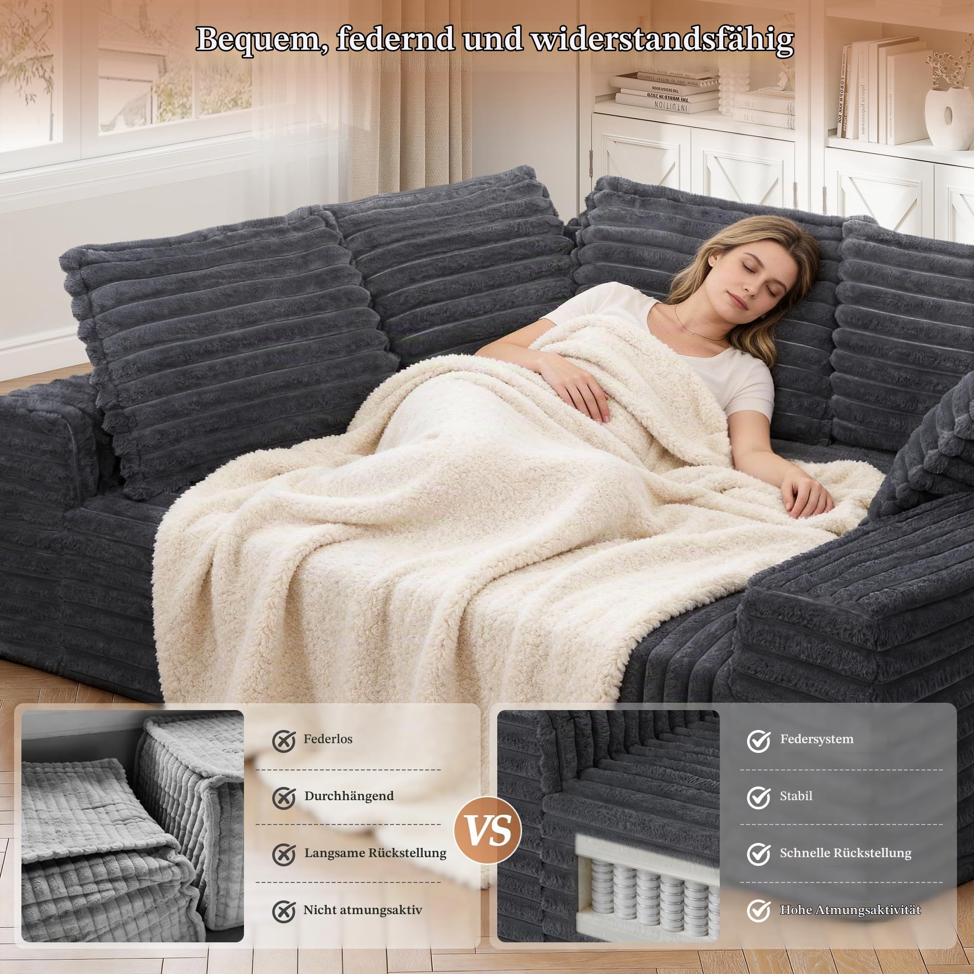 Sofa mit Schlaffunktion 280cm Breit L-förm Ecksofa mit Corduroy Fabric Modulares Cloud-Sofa mit 5 Kissen Boneless Couch mit USB-Ladeanschluss Schlafsofa für Schlafzimmer, Wohnzimmer (Grau)