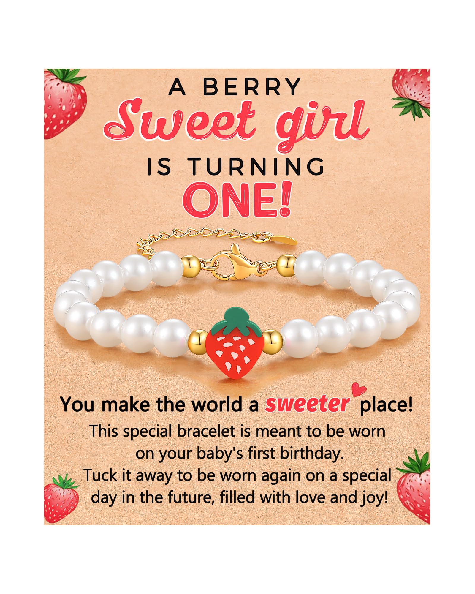 Kidbbi Berry First Birthday Decor Sweet One Birthday Gifts, Adjustable Strawberry Pearls Bracelet for Her