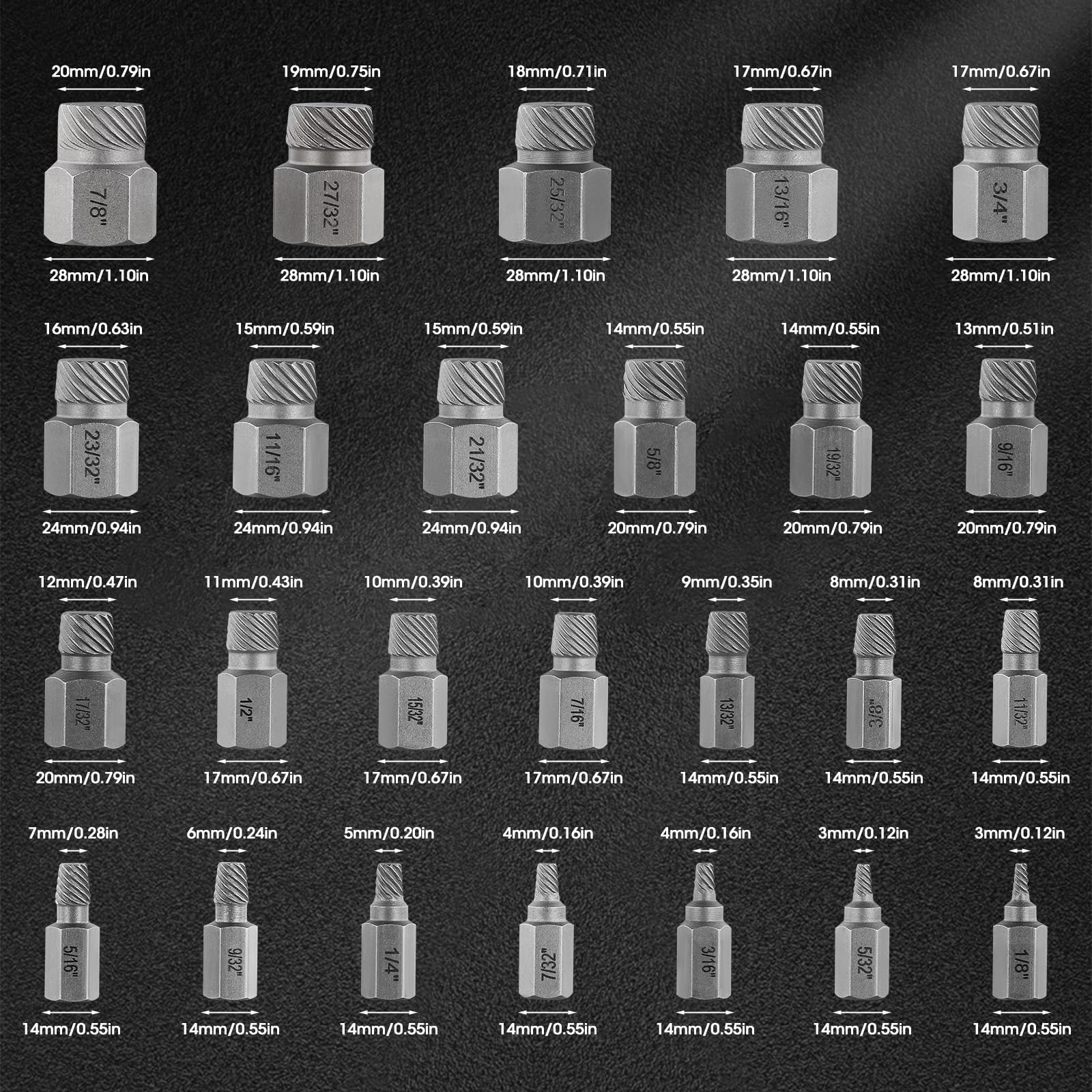 Schraubenausdreher Set 25 Stück, Linksausdreher Set, Beschädigte Schraube Entfernern Extraktor Set, Schrauben Entferner Set für Entfernen von Gebrochenen Bolzen, Verrostete Schrauben, Steckschrauben