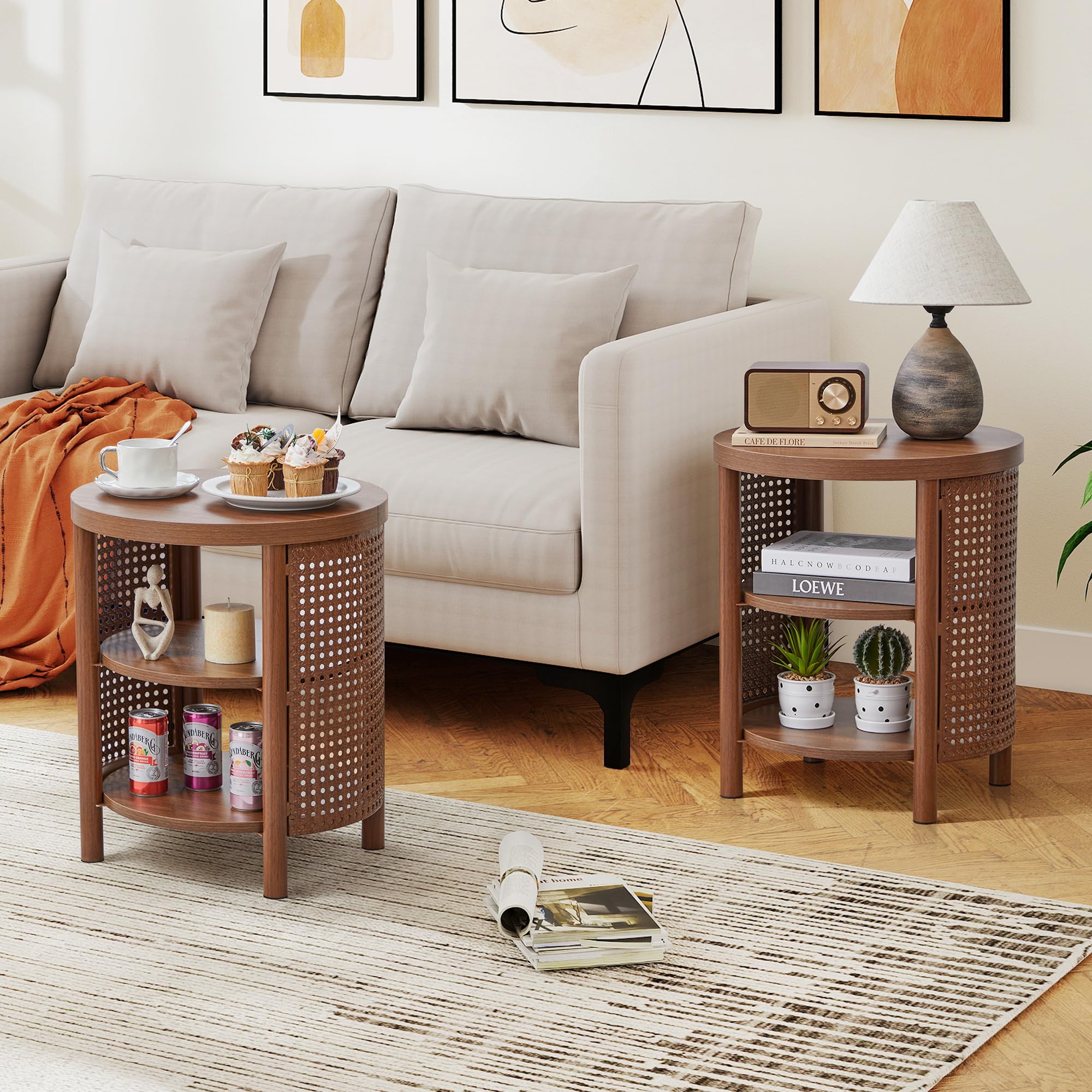 Small Round Side Set of 2, 16" Mid-Century Farmhouse End Table with Iron Rattan for Sofa Couch, Wood Storage Shelf + Metal Frame Nightstand for Bedroom, Living Room, Entryway (Walnut)