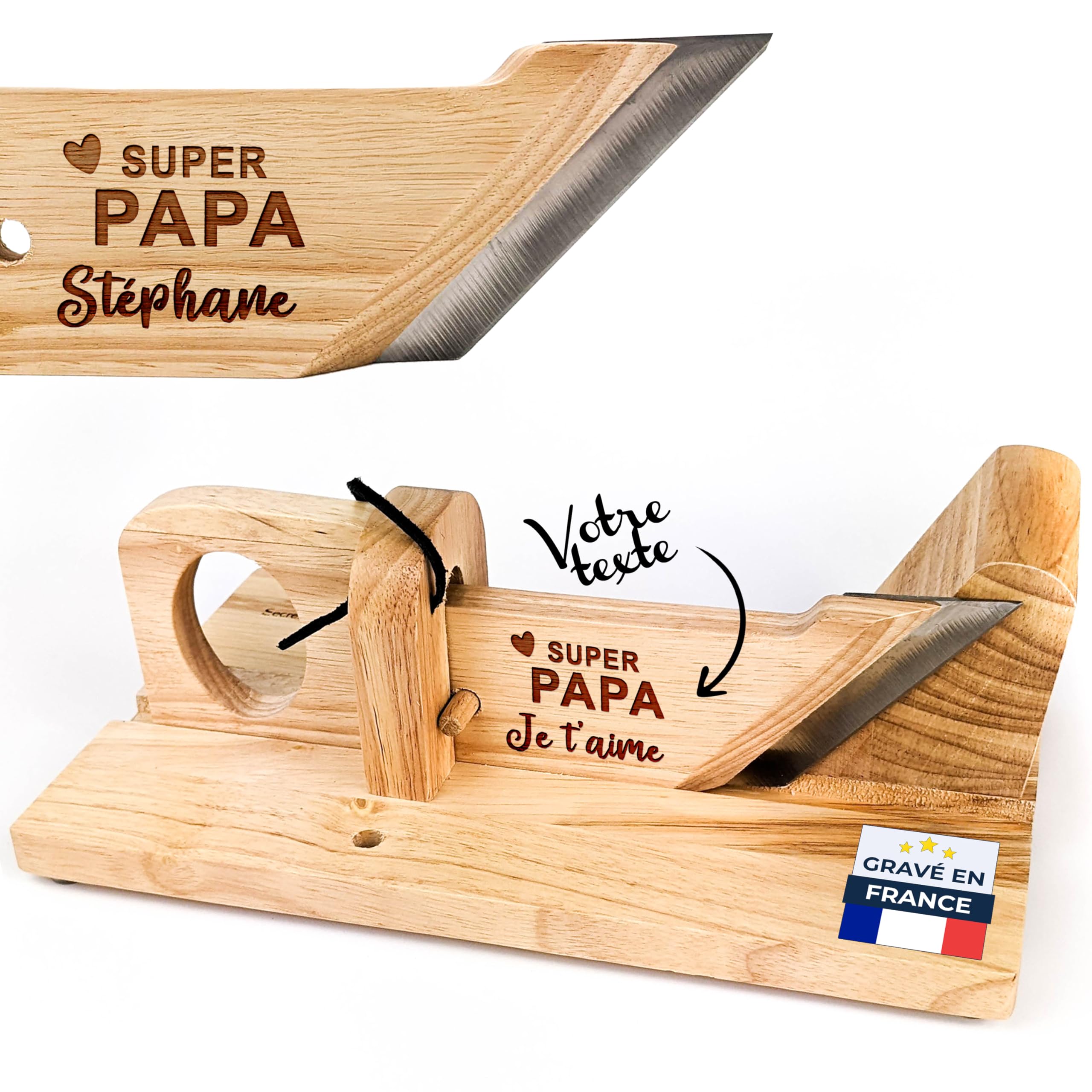 Guillotine Saucisson Personnalisé - Trancheuse Gravée avec Texte - Cadeau Papa Homme Noël Fête des Pères