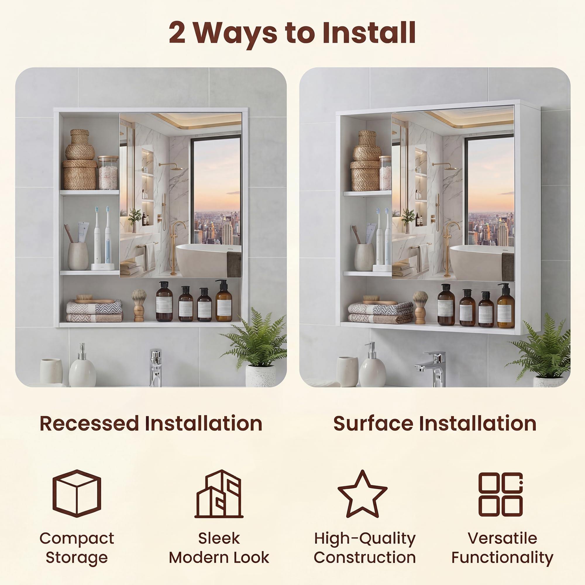 LIFEZEAL Armadietto da bagno a parete, mobile portaoggetti con anta a specchio, armadio, 3 ripiani aperti, portaoggetti salvaspazio moderno per cucina ingresso (bianco, 56 x 16 x 61 cm)
