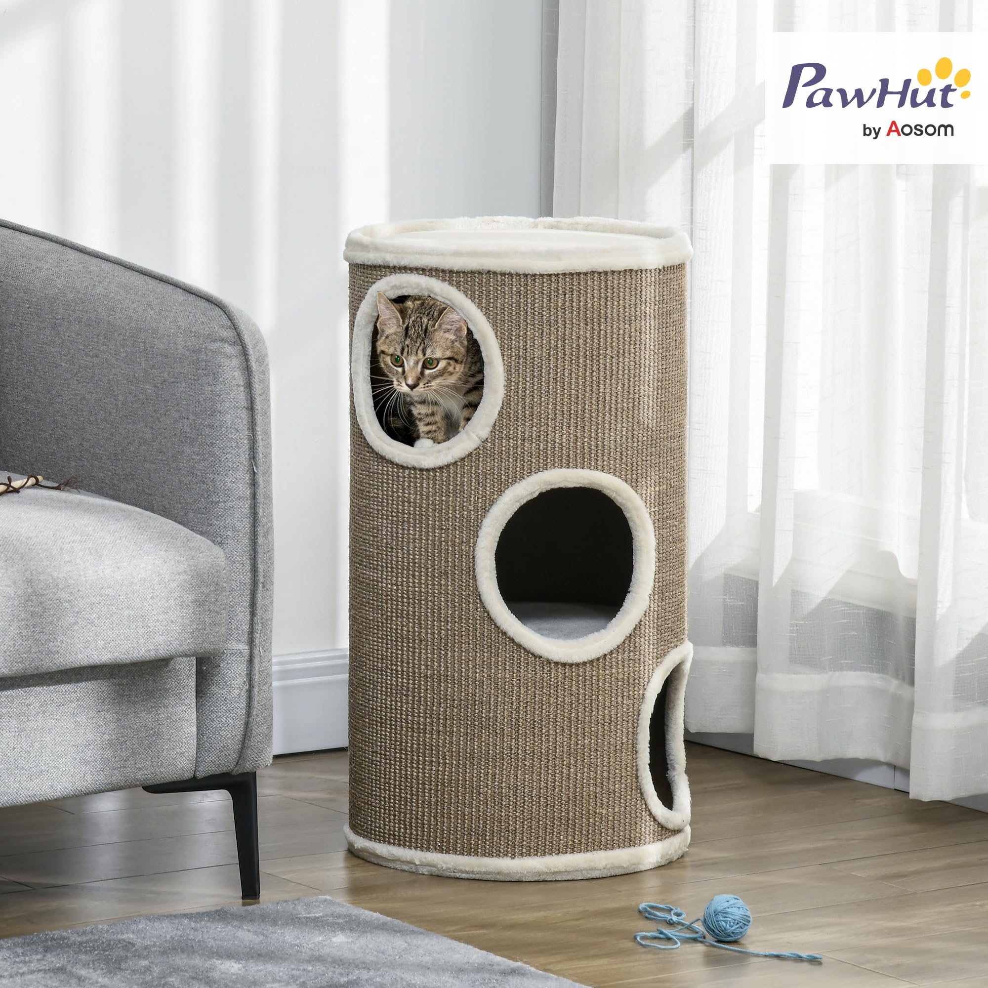 PawHut Tonneau à griffer, hauteur 70 cm, tonneau de jeu pour chats, 3 niveaux, arbre à chat avec 3 cavités, arbre à chat, tour à griffer en sisal, meuble pour chats, peluche, marron