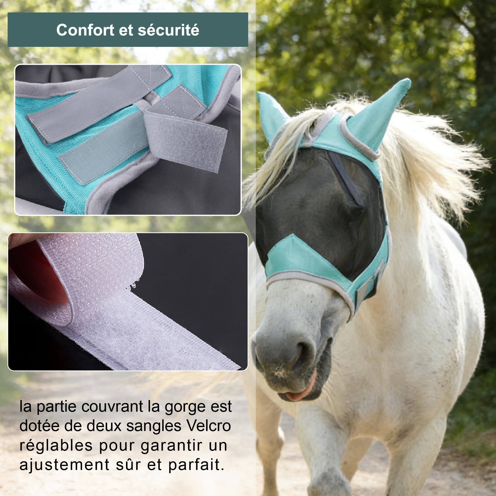 Maschera antimosche cavallo con protezione orecchie, verde M | Protezione UV, maglia traspirante, ampio spazio per gli occhi, foro per il toupet, senza sfregamento