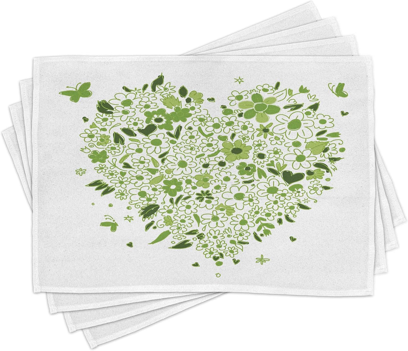 Printawe Apple Green Place Mats Set of 4, Sketch Style Heart Shape with Hand Drawn Butterflies and Flowers, Washable Fabric Placemats for Dining Room Kitchen Table Decor, Apple Green Emerald White