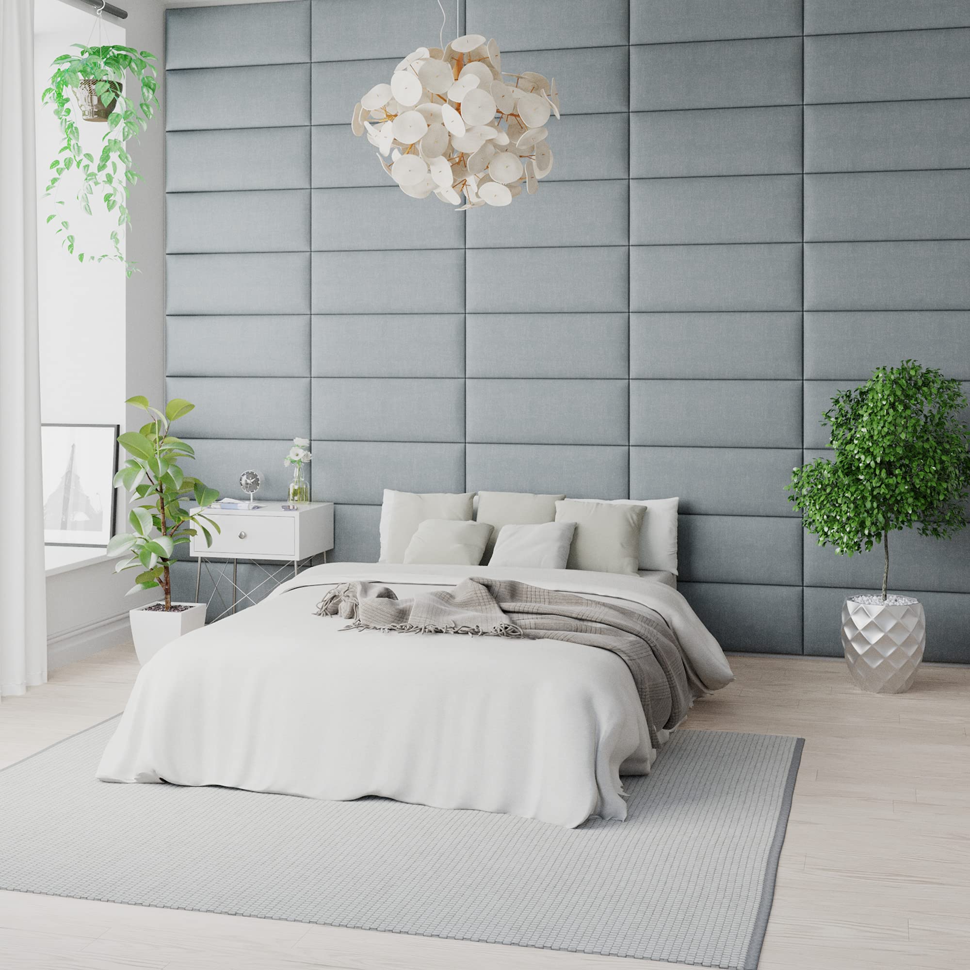 Aspire EasyMount Velcro Wall Mounted Upholstered Panels Modular DIY Headboard Accent Wall Panels, Malham Weave Fabric - Sky, Pack Of 4 Wall Panels