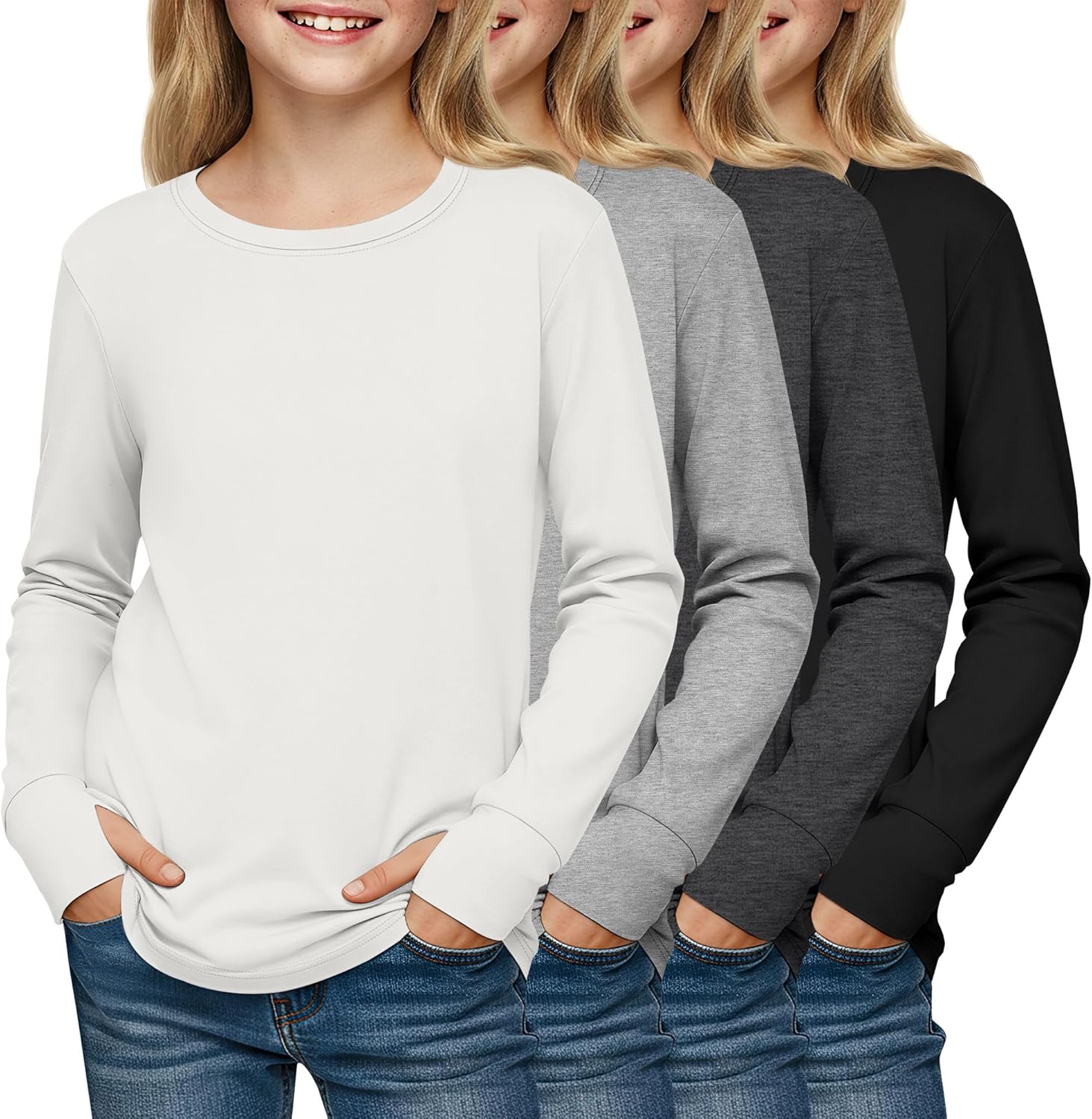 4 Pack Girls' Cotton Shirts with Thumb Holes Long Sleeve Basic Crew Neck Tops Casual Lightweight Tees 5-14Y