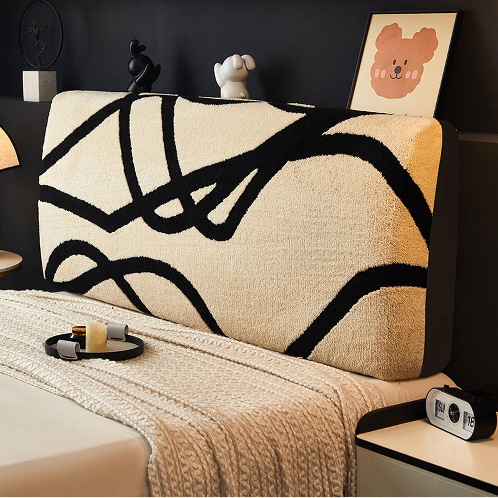 Elástica Textura Funda para Cabecero de Cama,Cabecera Espesado Felpa, Todo Incluido Prueba de Polvo Cabecero, Protector de Cabecero Cama para Decoración Dormitorio (Negro,150cm)
