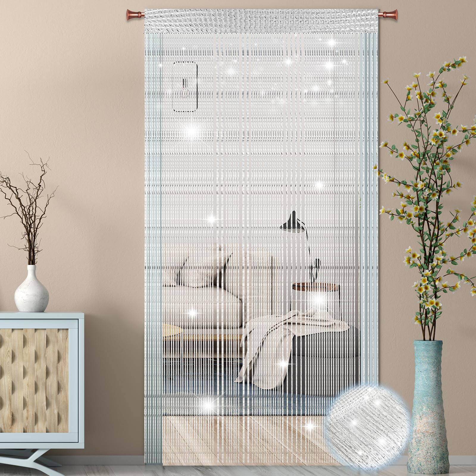 Farerkass 2 pezzi Tenda Antimosche per Porta Esterna, 95 x 200 cm Tenda a Fili, Fili Glitterata, Tende Antimosche per Soggiorno, Camera da Letto, Feste e Eventi, Matrimoni, Caffè(Bianco)