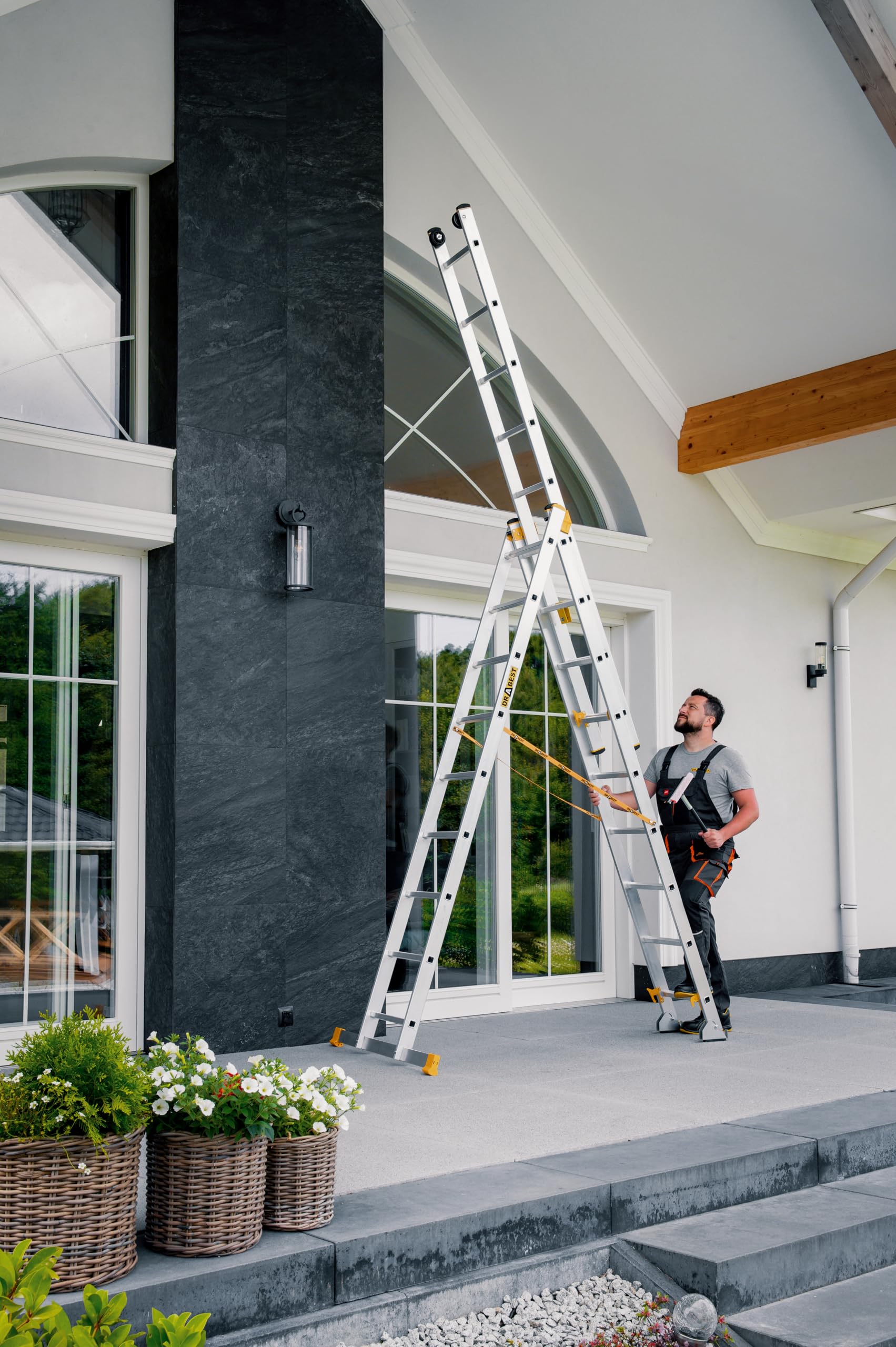 DRABEST Escalera profesional aluminio 3x9 peldaños antideslizantes 5,3 m 150 kg 3 tramos tijera regulable