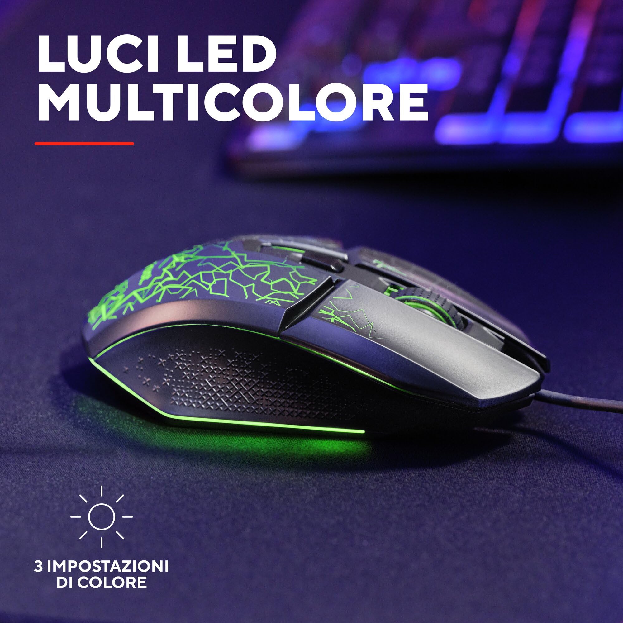 GXTrust 1113 Vylax Mouse Gaming con Illuminazione LED Multicolore, 6 Pulsanti Programmabili, Software Incluso, 200-6400 DPI, Mouse con Filo USB 150 cm per PC Portatile Computer, Nero