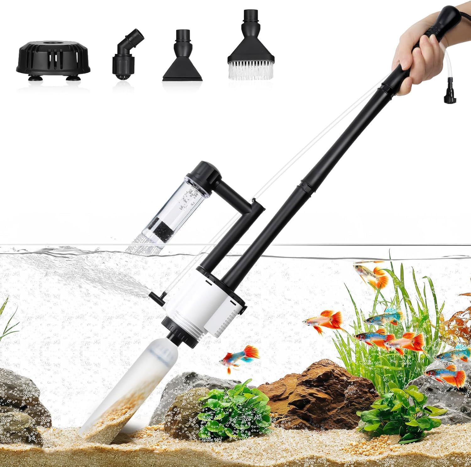 AQQA Aspirapolvere per acquario, 8 in 1, aggiornamento elettrico, 30 W, per cambio acqua, lavaggio della sabbia, filtraggio e circolazione dell'acqua