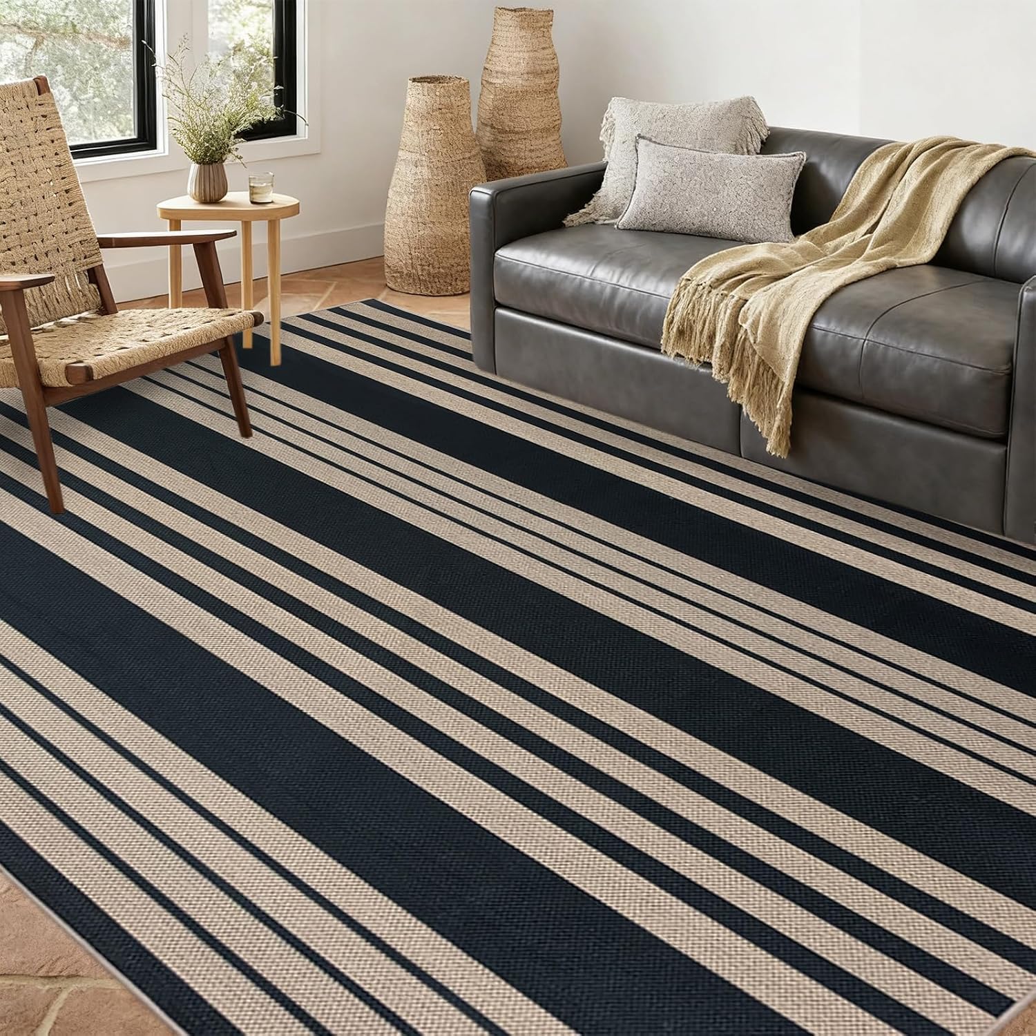 USTIDE Tappeto in iuta a righe, 150 x 200 cm, antiscivolo, lavabile, grande, neutro, per soggiorno, casa colonica, interni ed esterni, nero, per camera da letto, sala da pranzo, patio, cortile