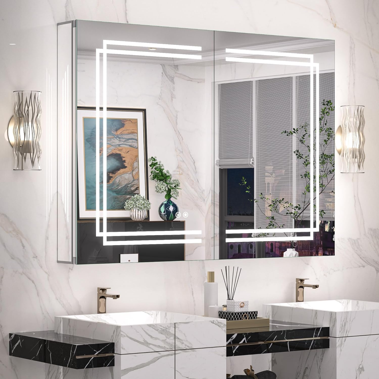 Keonjinn 40 x 32 Inch Large Medicine Cabinet with Lights, LED Lighted Medicine Cabinet Mirror for Bathroom, No Outlets, Tempered Glass, UL-Listed, Dimmable, 3 Color Lights, Anti-Fog, Wall Mount Only