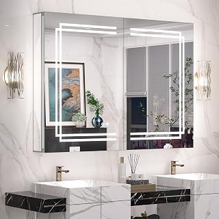 Keonjinn 40"x32" Lighted Medicine Cabinet with Mirror, Safe Tempered Glass