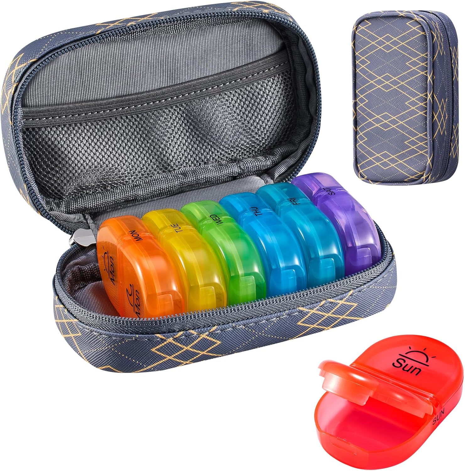 Serfeymi Weekly Travel Pill Organizer 2 Times A Day AM PM Upgraded Rainbow Pill Box 7 Day with Portable Zipper PU Leather Pill Case, Medicine Organizer for Pills, Vitamins, Fish Oils – Lines 01