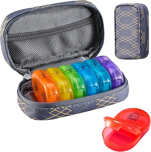 Serfeymi Pastillero semanal de viaje 2 veces al día AM PM pastillero arcoíris mejorado 7 días con cremallera portátil, pastillero de piel sintética,