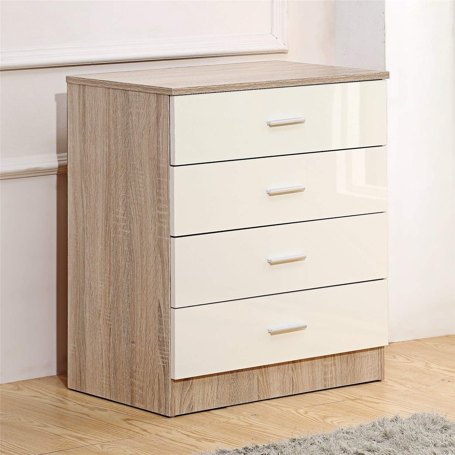 Gladini High Gloss 4 Drawer Chest - Bedroom Furniture (Cream/Oak)