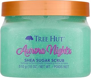 Tree Hut Aurora Nights Exfoliante, hidratante e hidratante con manteca de karité y aceites esenciales nutritivos, suaviza y suaviza la piel, 18 onzas