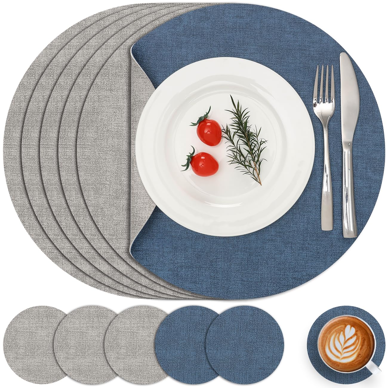 Myir JUN Round Placemats and Coasters Set of 6 Dual Sided Leather Place Mat