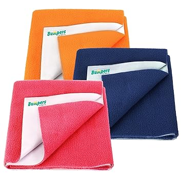 Bumpers Anti-Piling Fleece Extra Absorbent Instant Dry Sheet for Baby, Baby Bed Protector, Waterproof Sheet, Salmon Rose, Peach & Royal Blue (Small Size 50 x70cm, Pack of 3) - image, photos