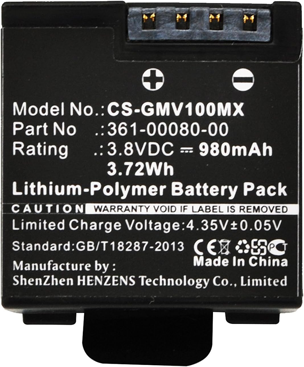 Cameron Sino Battery for Garmin Virb X, Virb X Compact, VIRB XE PN:Garmin 010-12256-01, 361-00080-00 980mAh / 3.72Wh