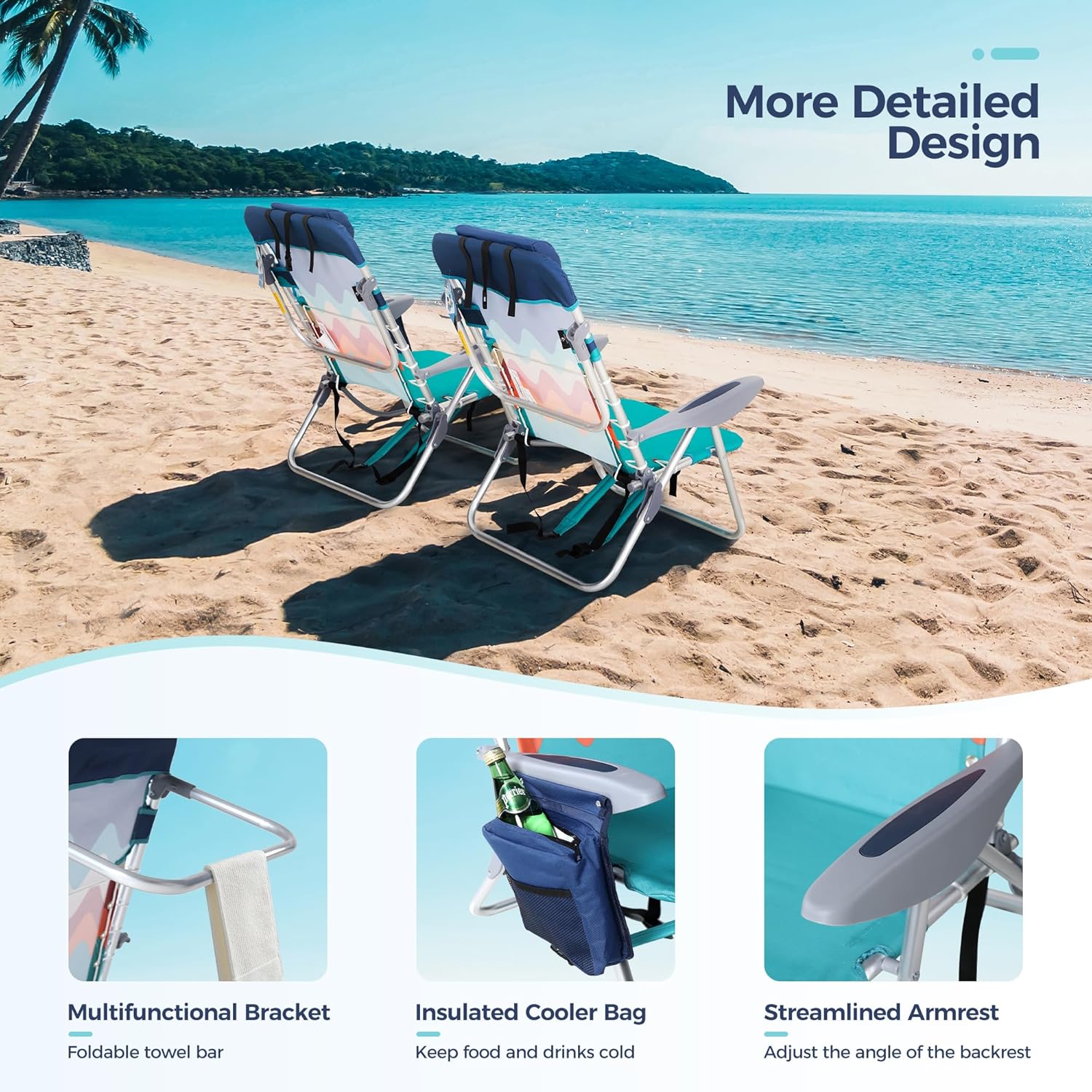 LET'S CAMP Backpack Beach Chair Set of 2, 4-Position Classic Lay Flat, Pillow and Padded Shoulder Straps, Storage Pouch and Towel Bar, Support 250LBS, Wave