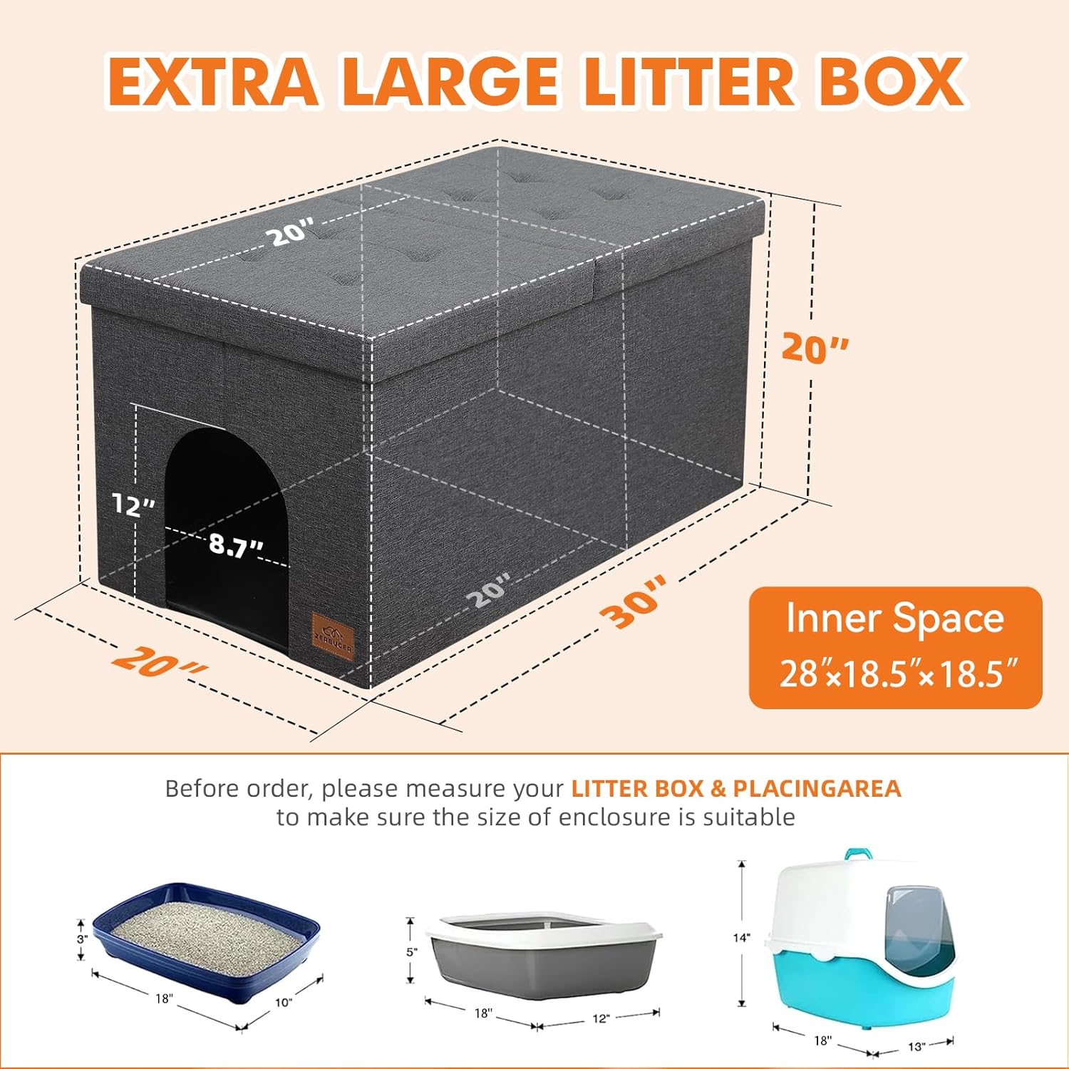 Zerbuger Cat Litter Box Enclosure Furniture for Odor Control, Hidden Cabinet Cats Litter Ottoman with Flip-Up Lid,Cat Litter Box Bench with Storage Space, Dog Proof(Grey, X-Large) Grey X-Large