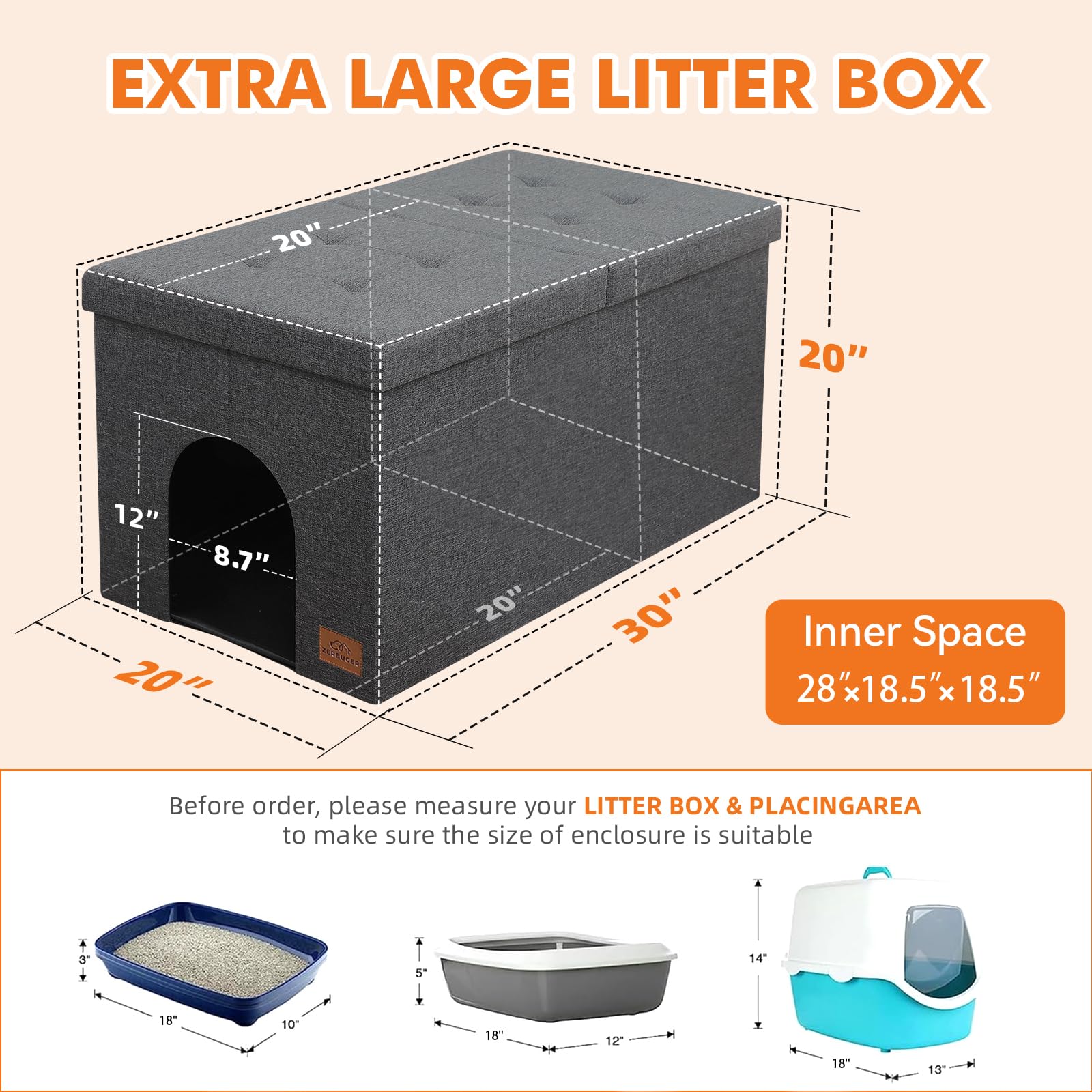 Cat Litter Box Enclosure Furniture for Odor Control, Hidden Cabinet Cats Litter Ottoman with Flip-Up Lid,Cat Litter Box Bench with Storage Space, Dog Proof(Grey, Large) - image 2