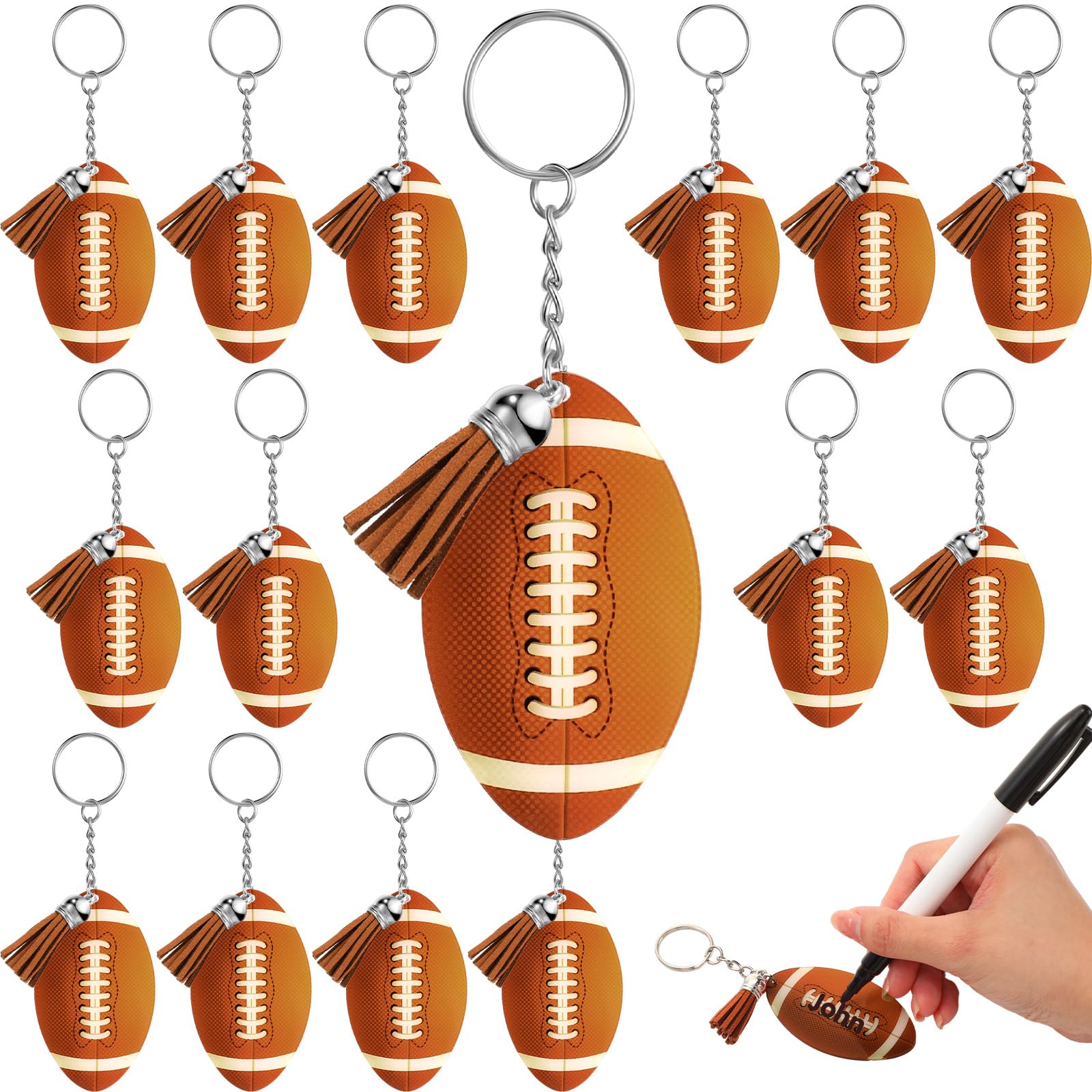 Huquary 50 Pcs Football Acrylic Keychain with Tassel, Transparent 2.76 Inch Football Party Favors with Oil Based Marker for Sports Enthusiast College Student Carnival Reward Party Gift, Brown and