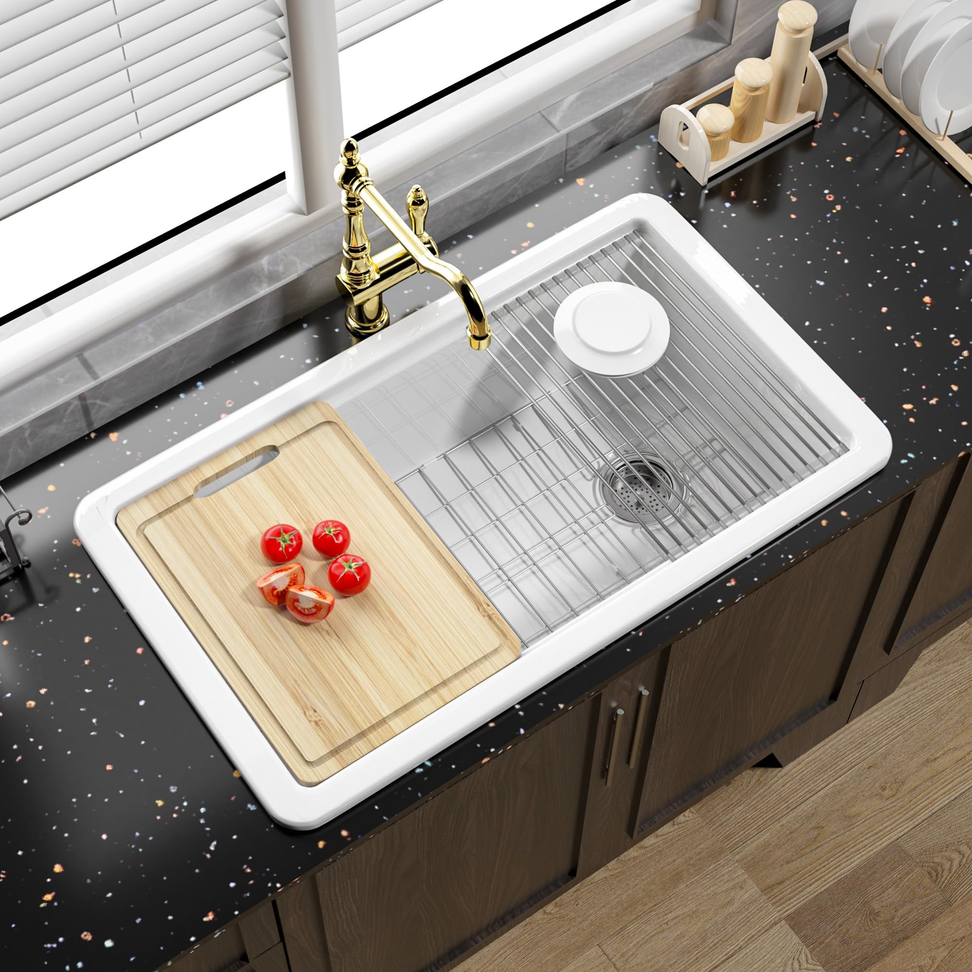 Topmount Workstation Kitchen Sink Drop In White 31.5 x 19 Inch Offset Drain - Dual Mount Heavy Duty Undermount Fireclay Sink Single Bowl for Kitchen, White, NO Faucet Hole