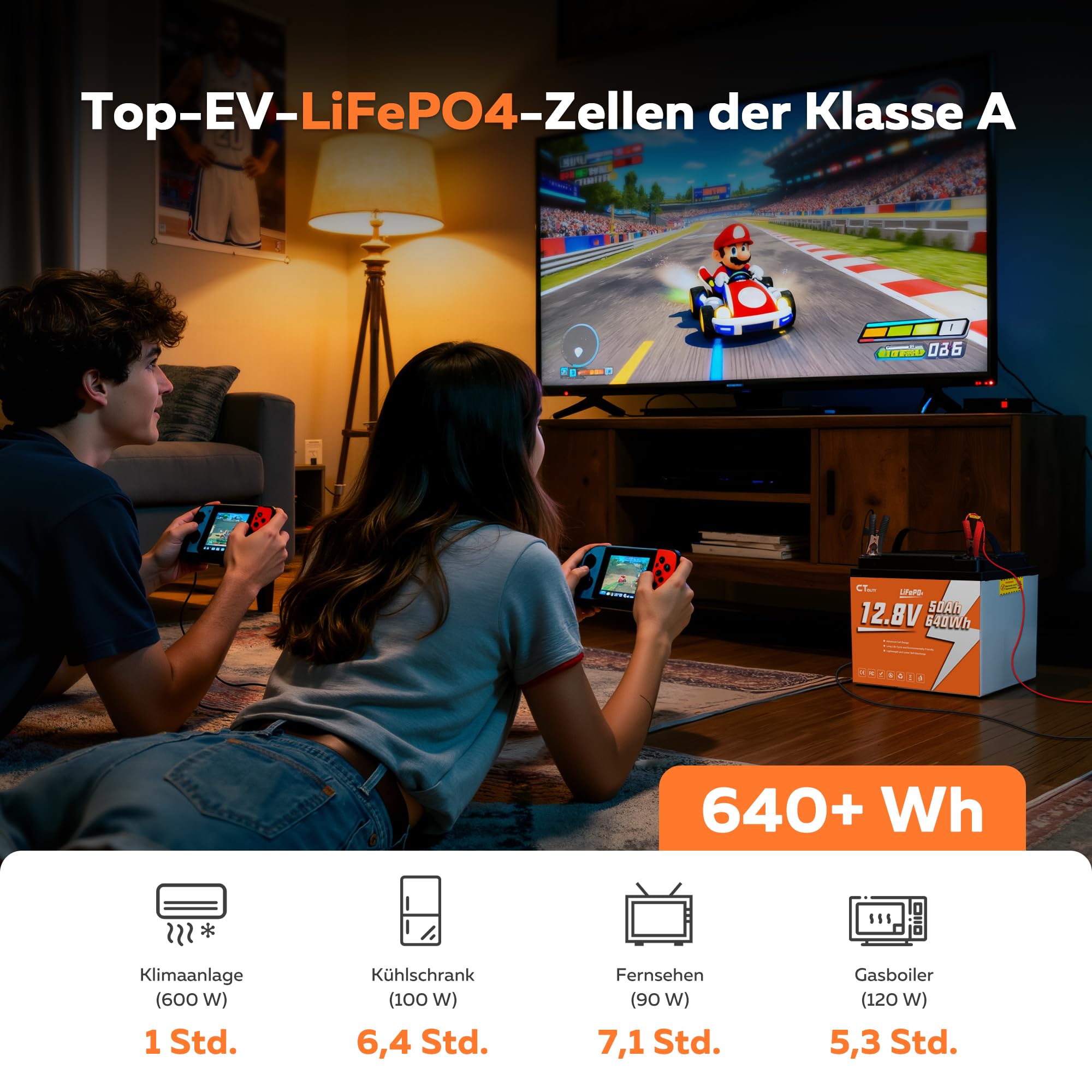 LiFePO4 12 V 50 Ah batteria con protezione BMS da 50 A, protezione a bassa temperatura e massima, 4000 – 15000 cicli, batteria al litio Deep Cycle per camper, impianto solare, barca, casa, kit