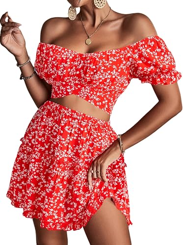 LYANER Women's 2 Piece Outfits Off Shoulder Tie Up Back Crop Top and Mini Skirt 