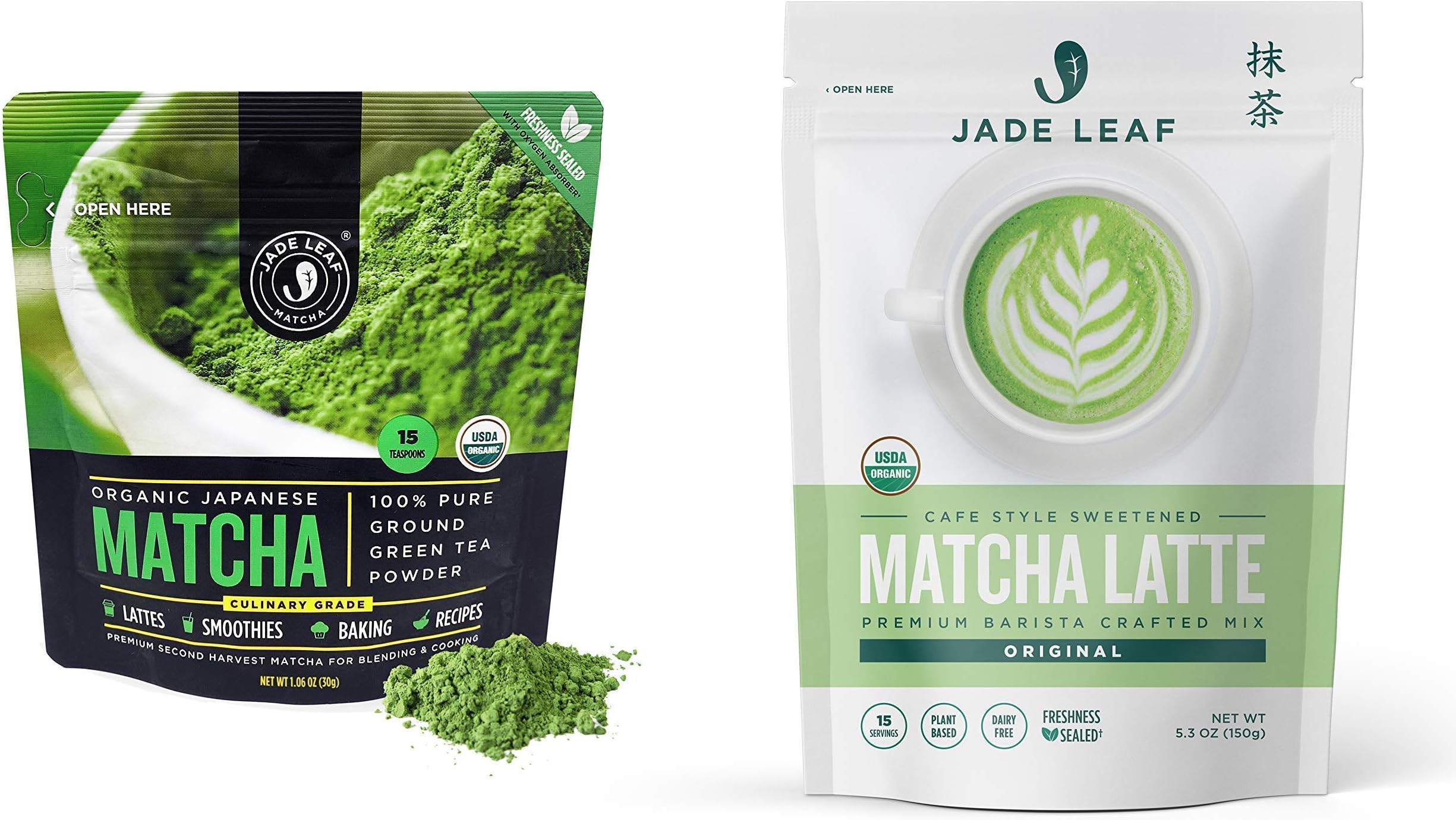 Jade Leaf Matcha + Latte Mix Bundle - Organic Matcha Green Tea Powder Culinary Pouch (30g) and Cafe Style Sweetened Matcha Latte Mix (150g)