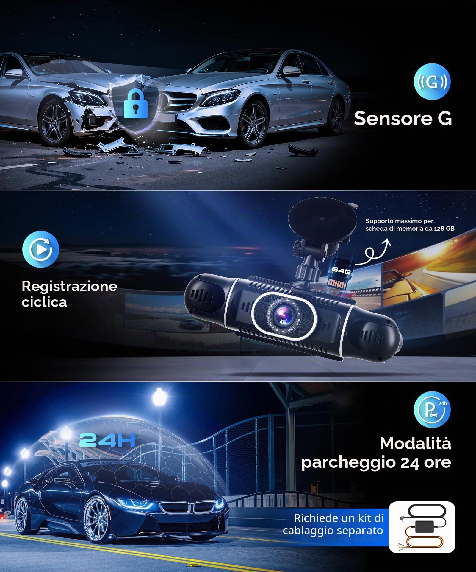 VECHTEL 2K Dashcam per auto anteriore e posteriore con WiFi, 4* Dash Cam 1080P Telecamera per auto con schermo IPS da 3 pollici,visione notturna,sensore G,protezione a 360 gradi,supporta 128 GB
