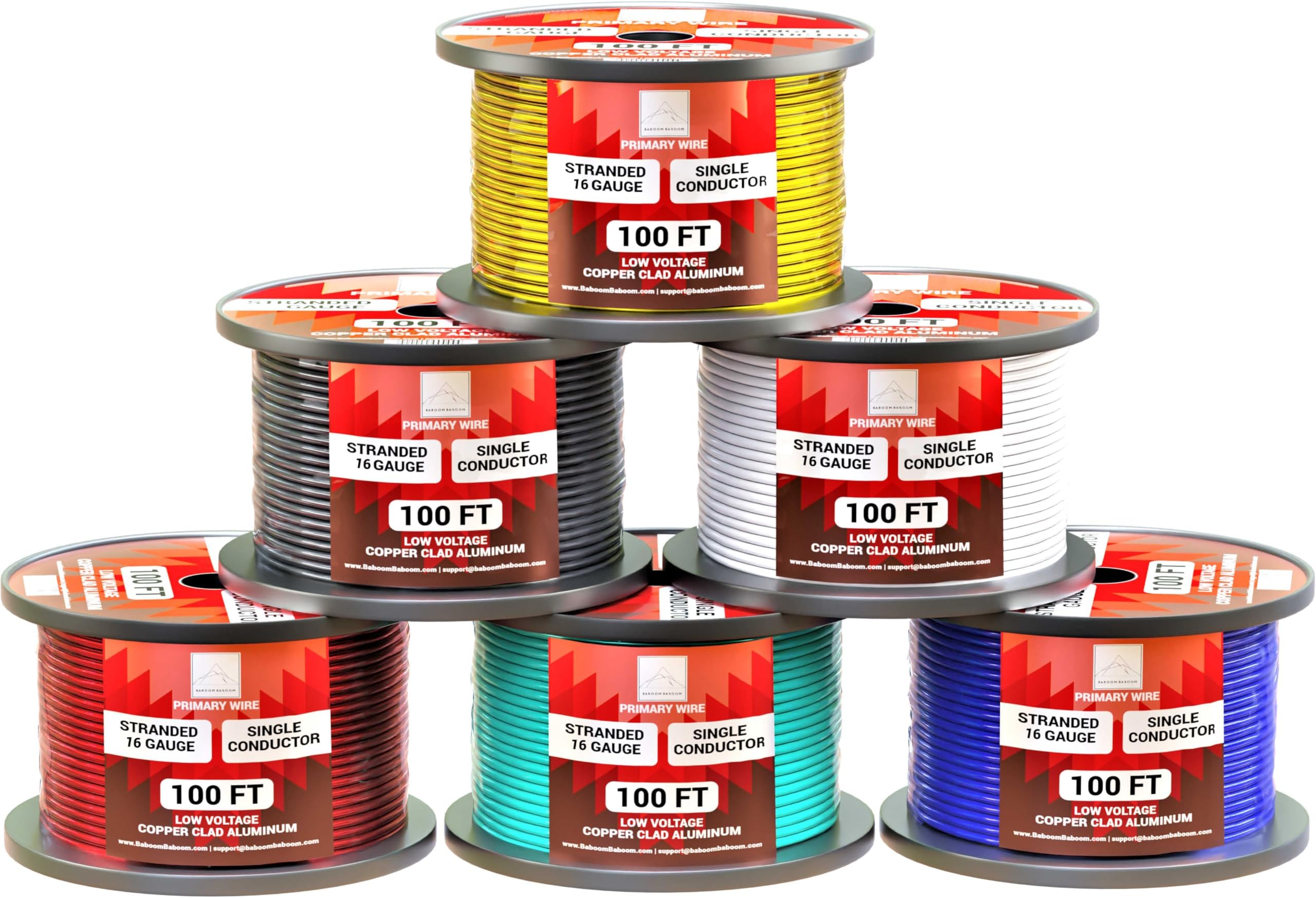 16 Gauge Wire Combo 6 Pack (600ft Total) 100ft Per Roll, 12V Low Voltage Automotive and Electrical Cable, Copper Clad Aluminum (CCA)