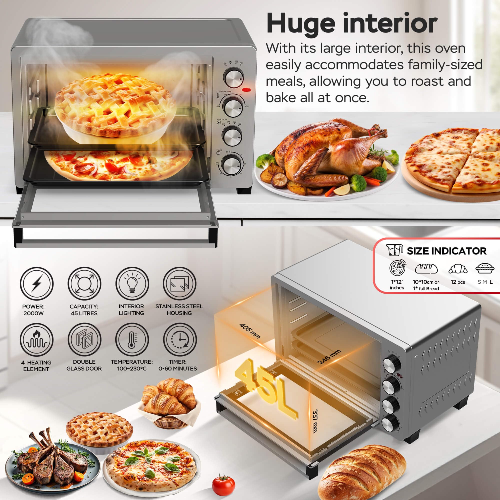 TurboTronic Elektrobacköfen mit Umluft, Grill & Drehspieß | 30 L, 38 L & 45 L Edelstahl-Tischbacköfen mit Timer & Doppelglastür für Pizza, Braten, Aufläufe (45L)