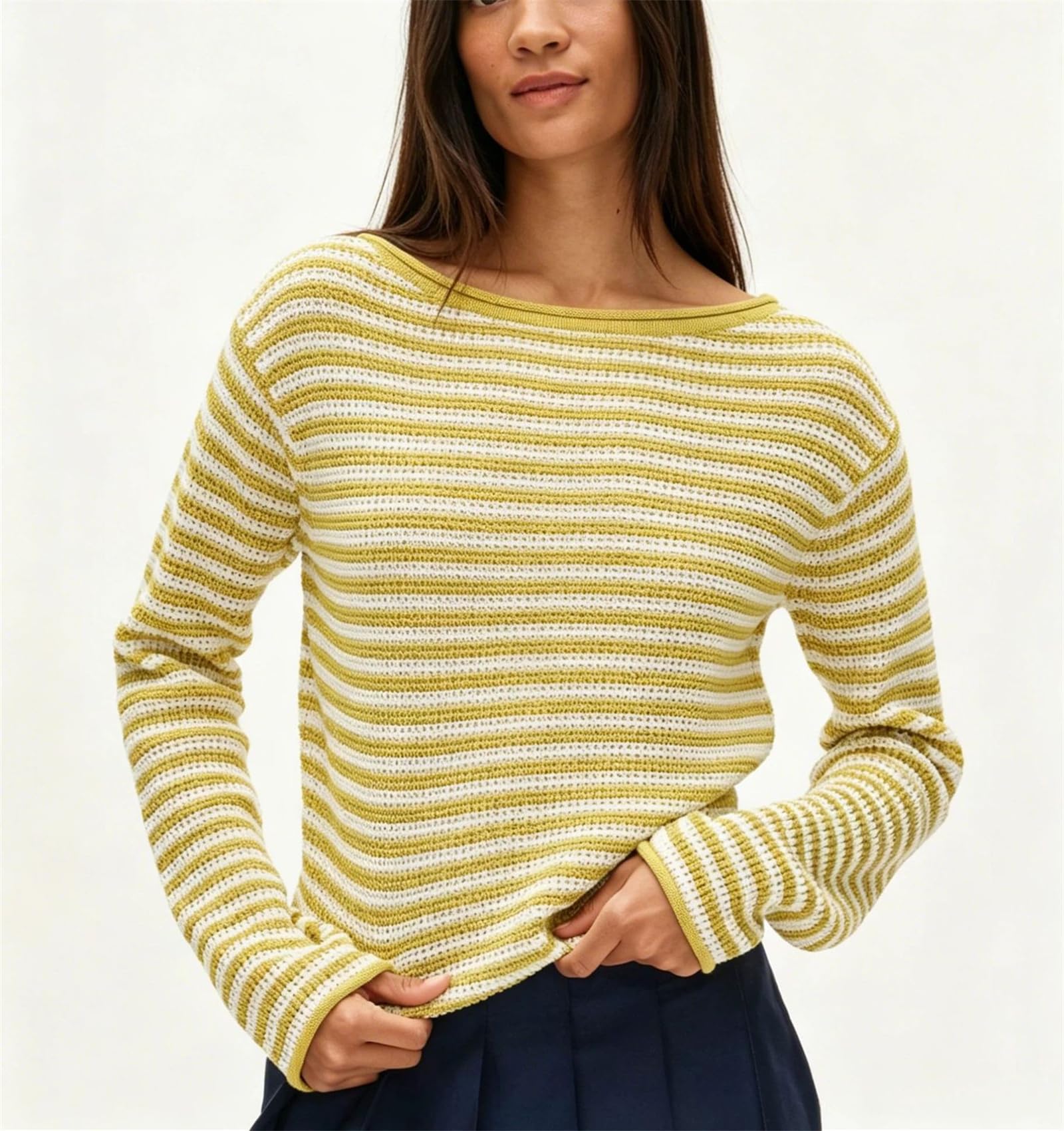 Maglione da donna a righe leggero con scollo a barca a maniche lunghe Top